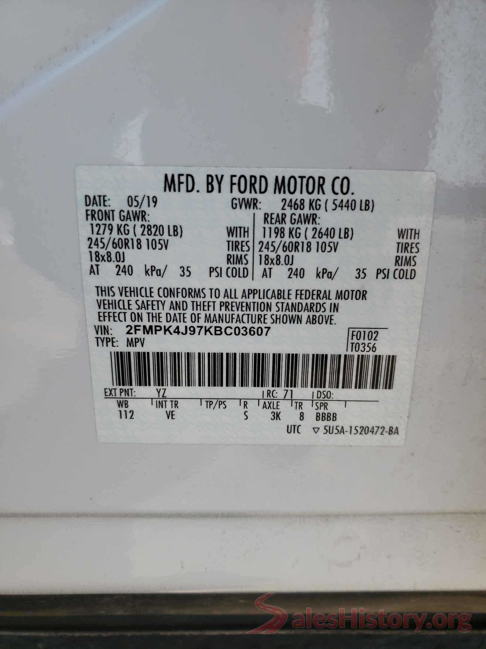 2FMPK4J97KBC03607 2019 FORD EDGE