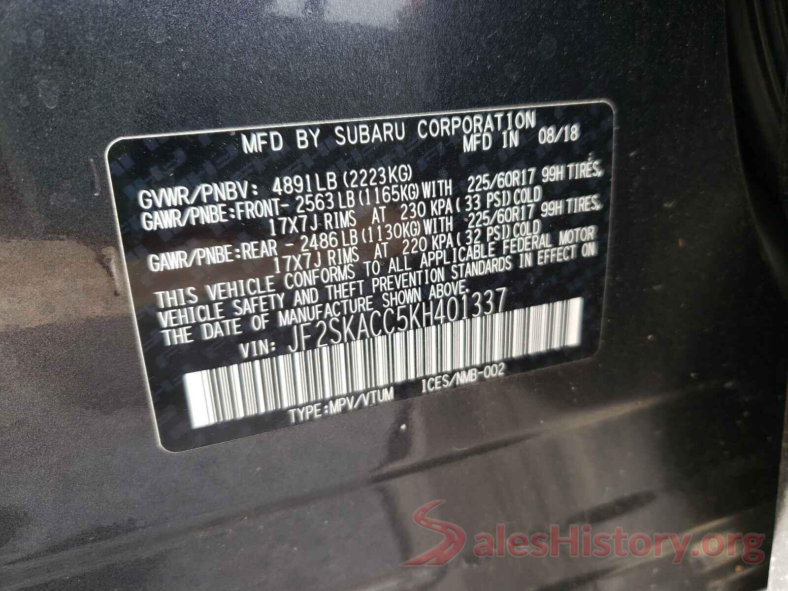 JF2SKACC5KH401337 2019 SUBARU FORESTER