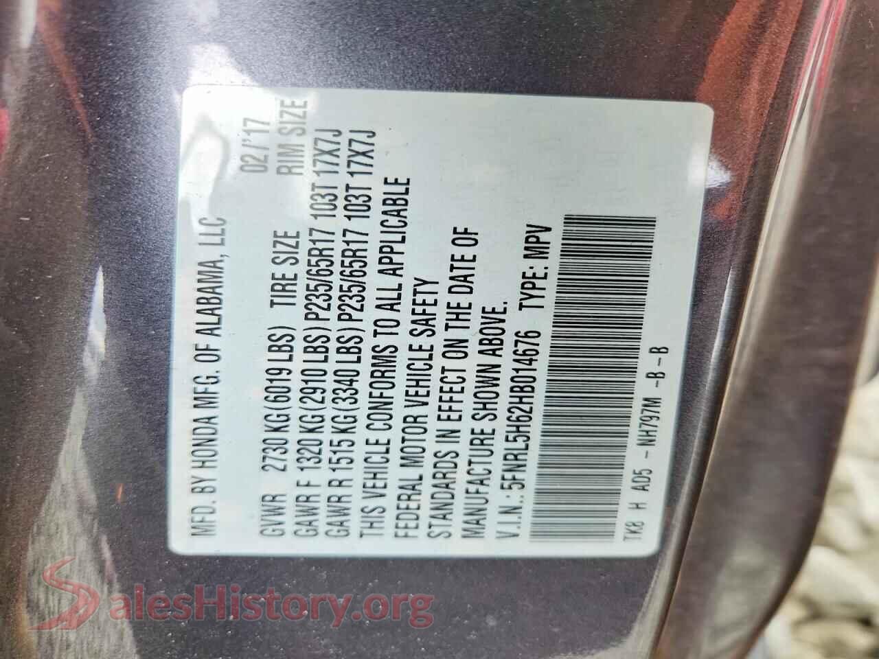 2017 HONDA ODYSSEY VIN 5FNRL5H62HB014676, damage close-up