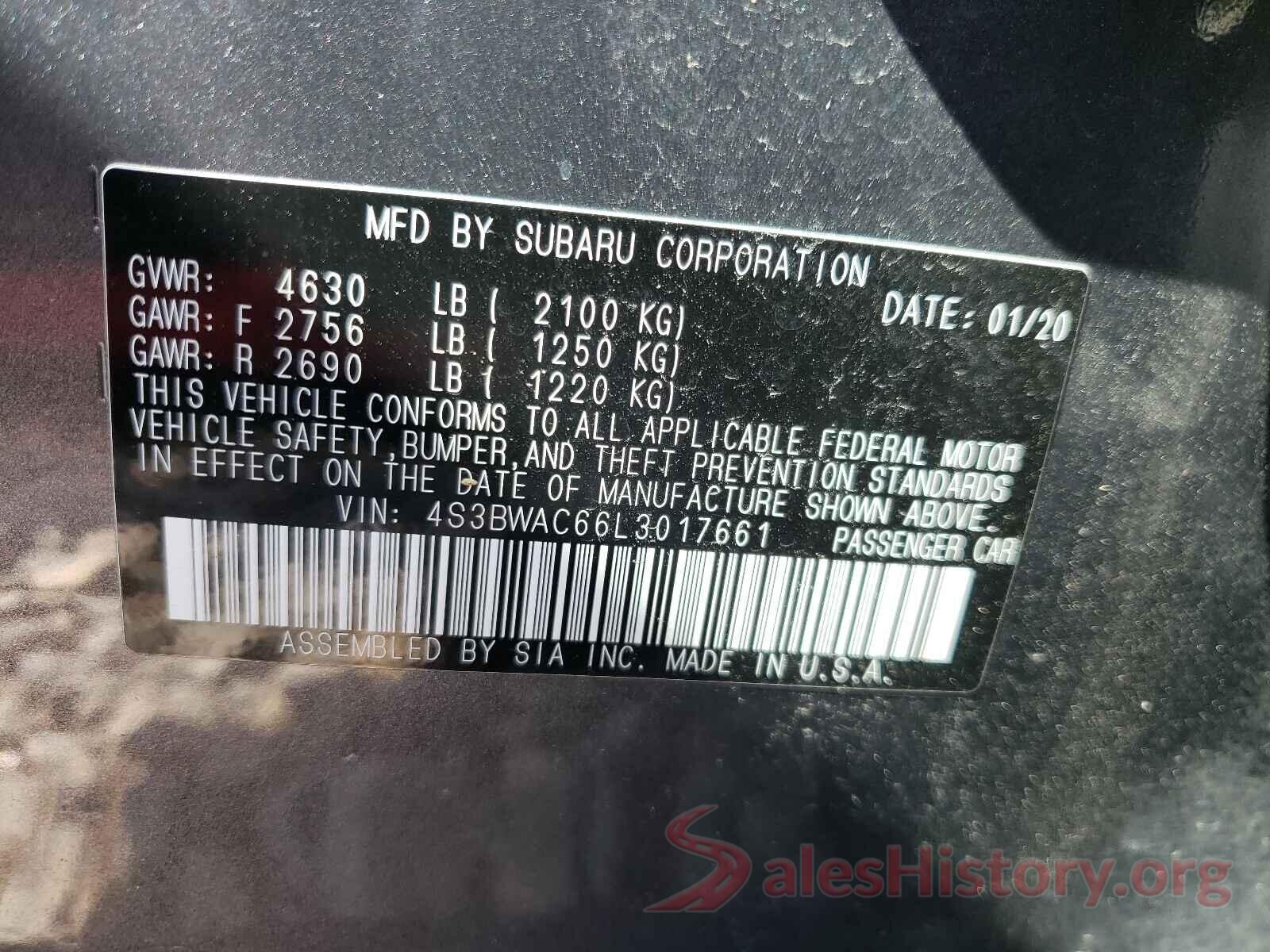 4S3BWAC66L3017661 2020 SUBARU LEGACY