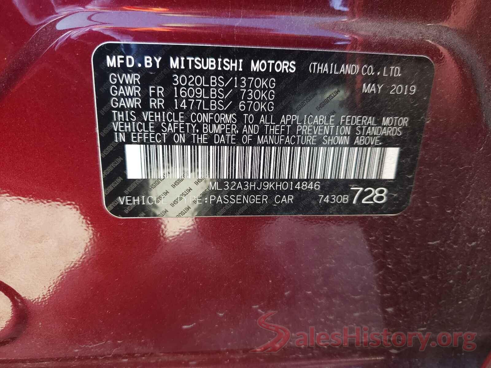 ML32A3HJ9KH014846 2019 MITSUBISHI MIRAGE