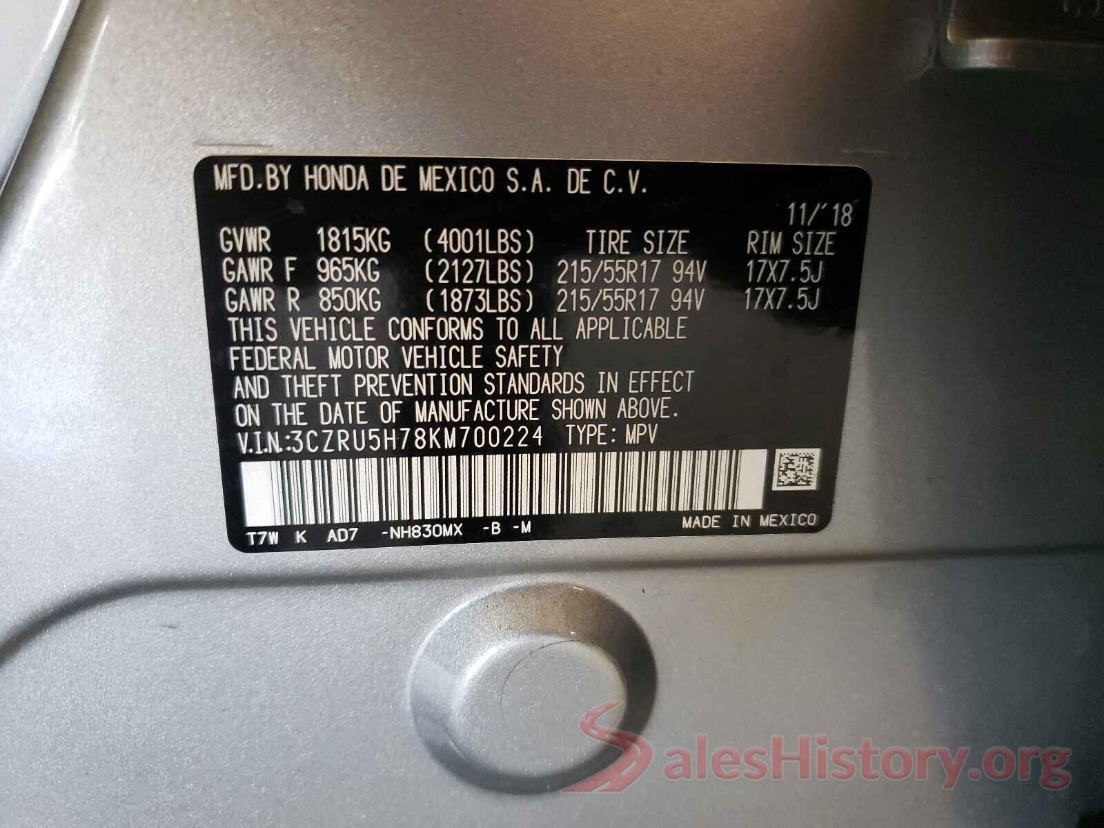 3CZRU5H78KM700224 2019 HONDA HR-V