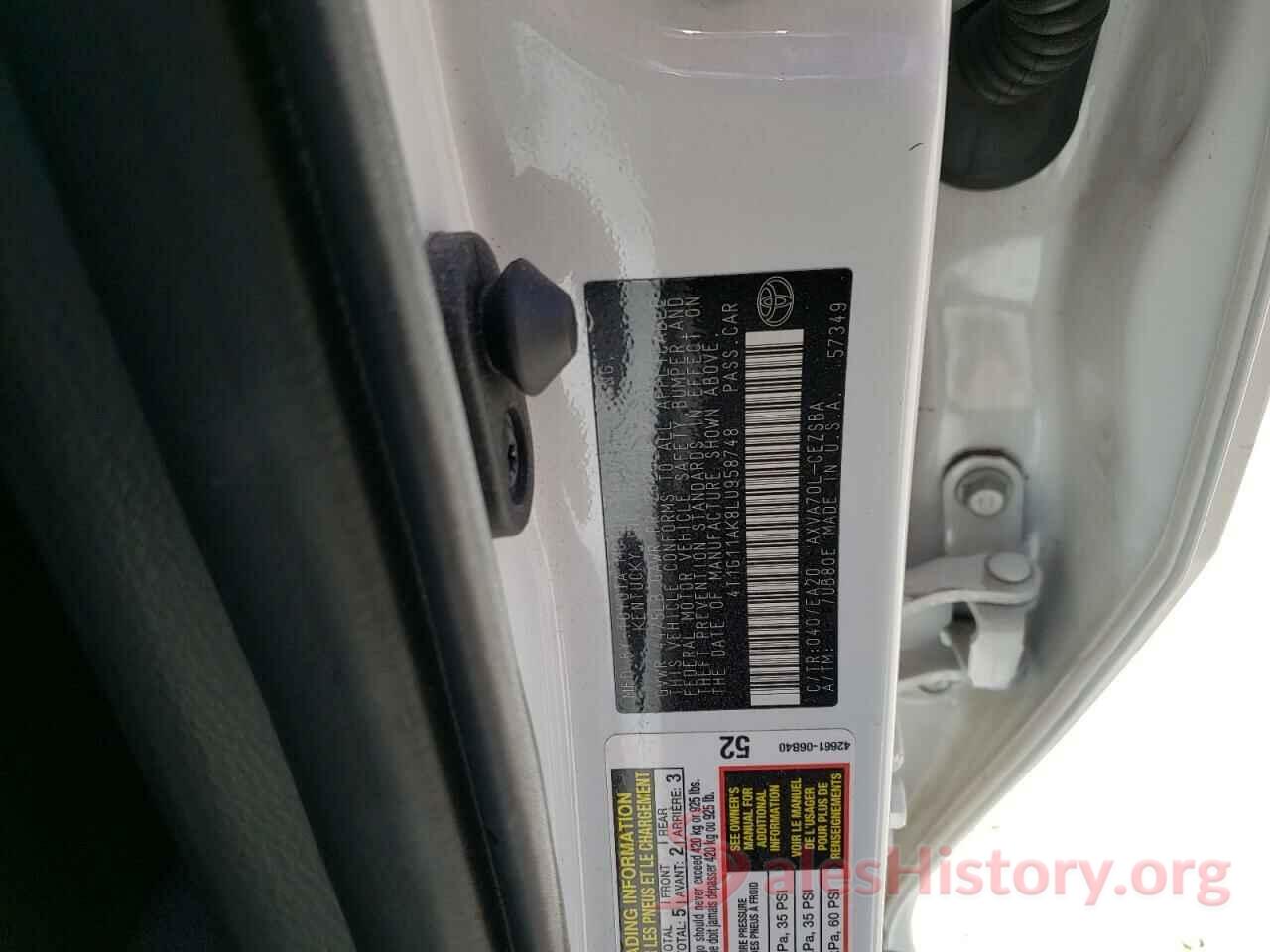 4T1G11AK8LU958748 2020 TOYOTA CAMRY