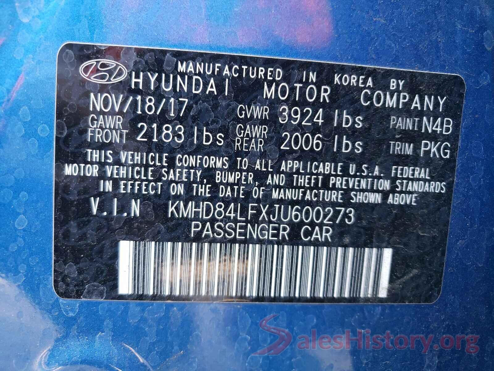 KMHD84LFXJU600273 2018 HYUNDAI ELANTRA