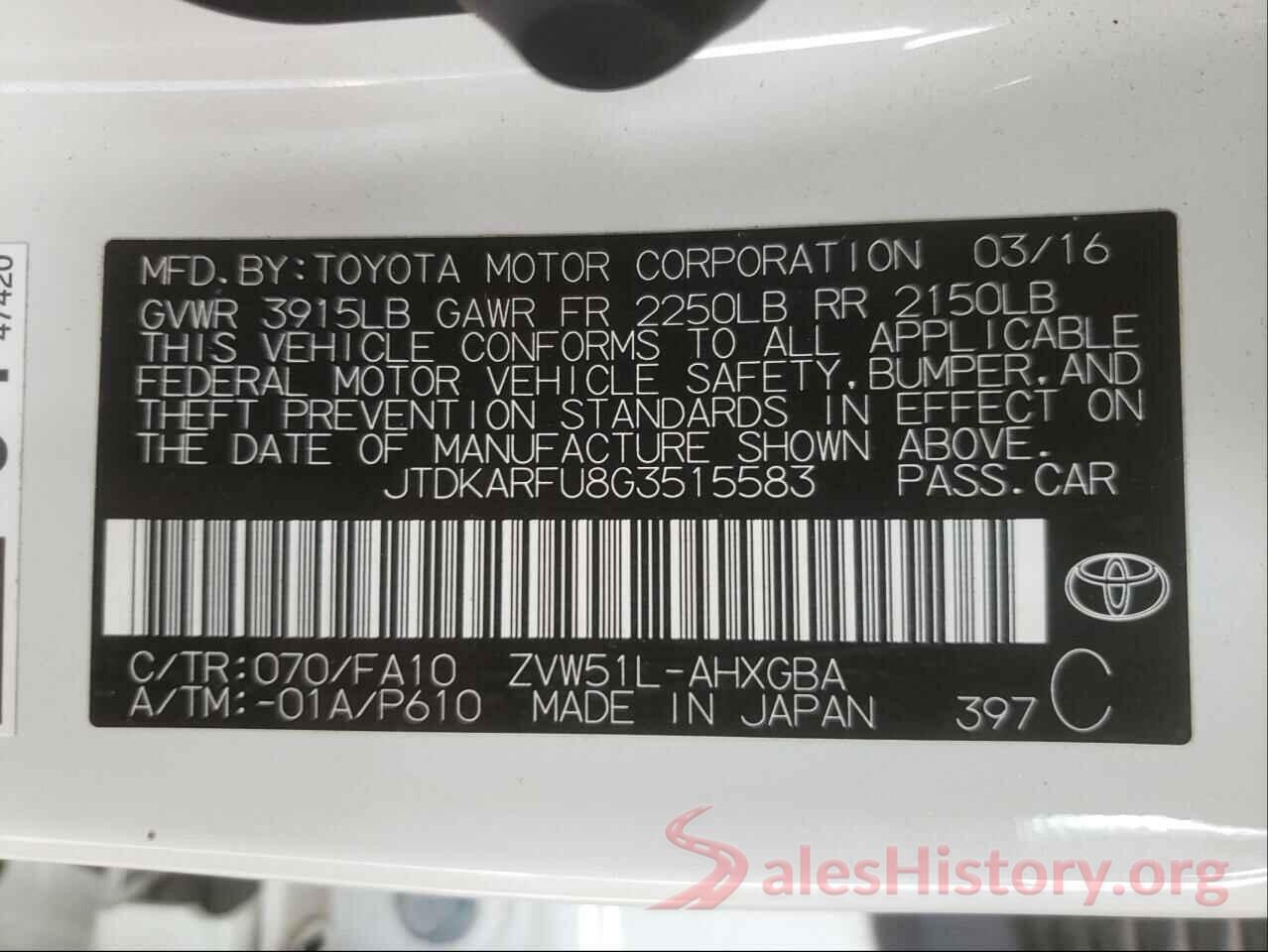 JTDKARFU8G3515583 2016 TOYOTA PRIUS