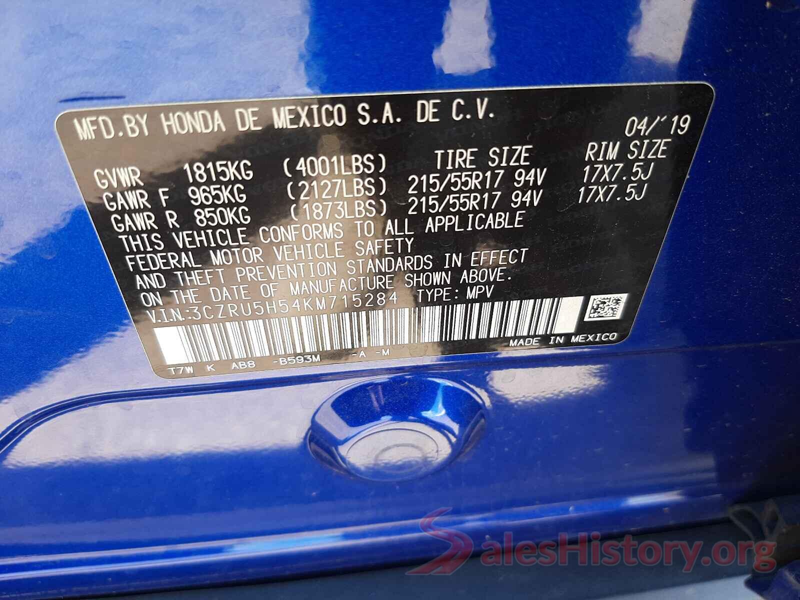 3CZRU5H54KM715284 2019 HONDA HR-V