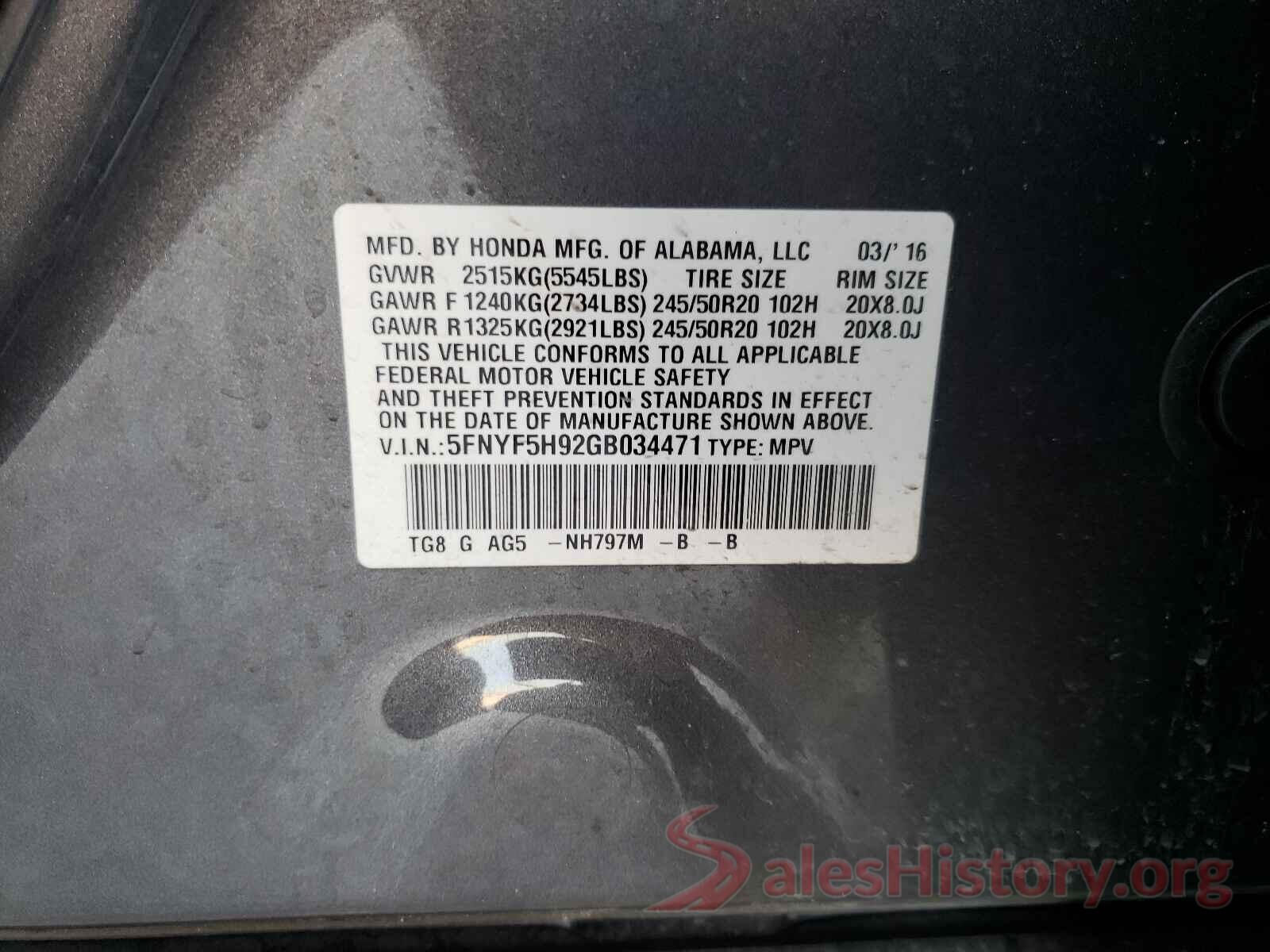 5FNYF5H92GB034471 2016 HONDA PILOT