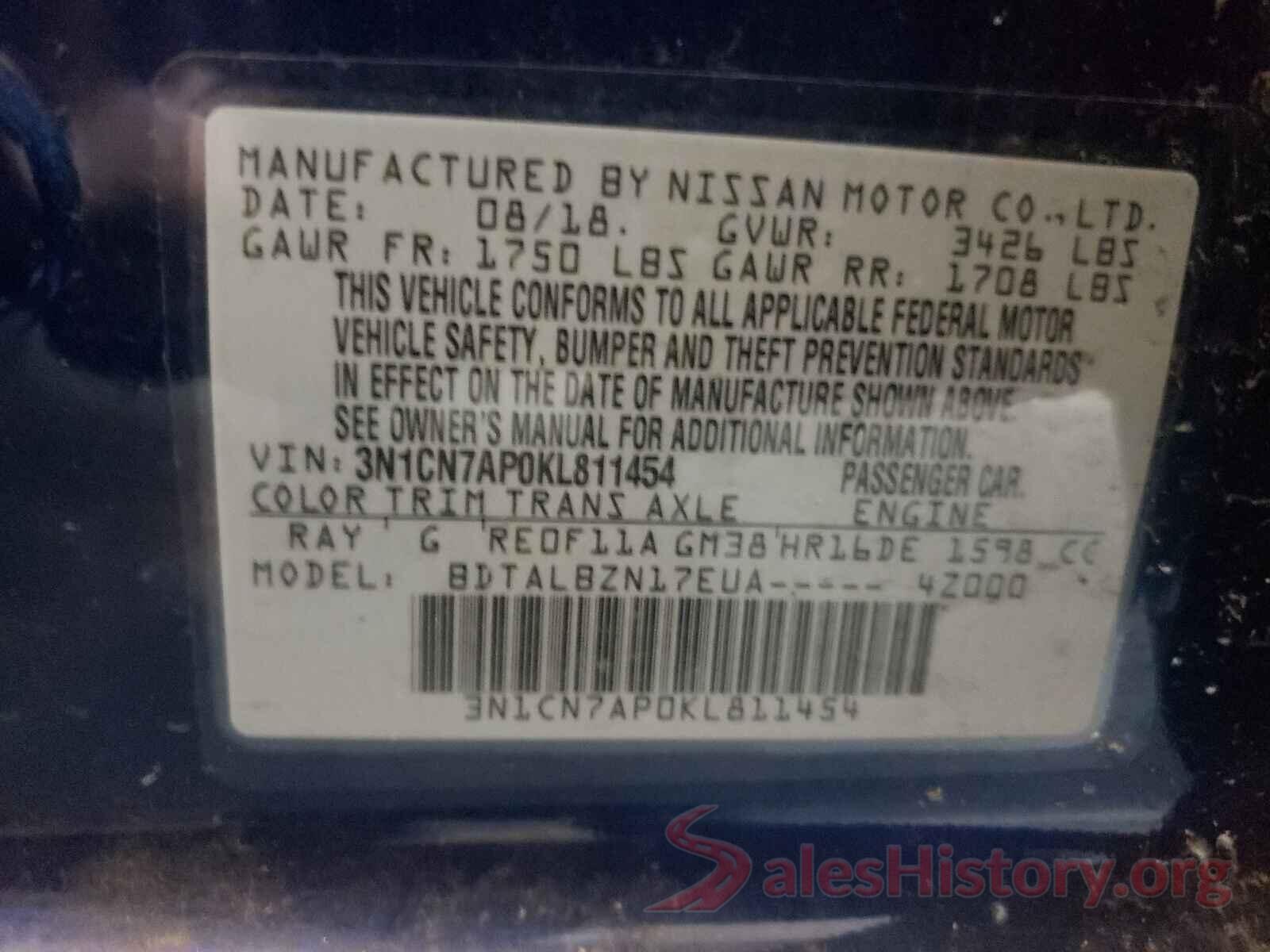 3N1CN7AP0KL811454 2019 NISSAN VERSA