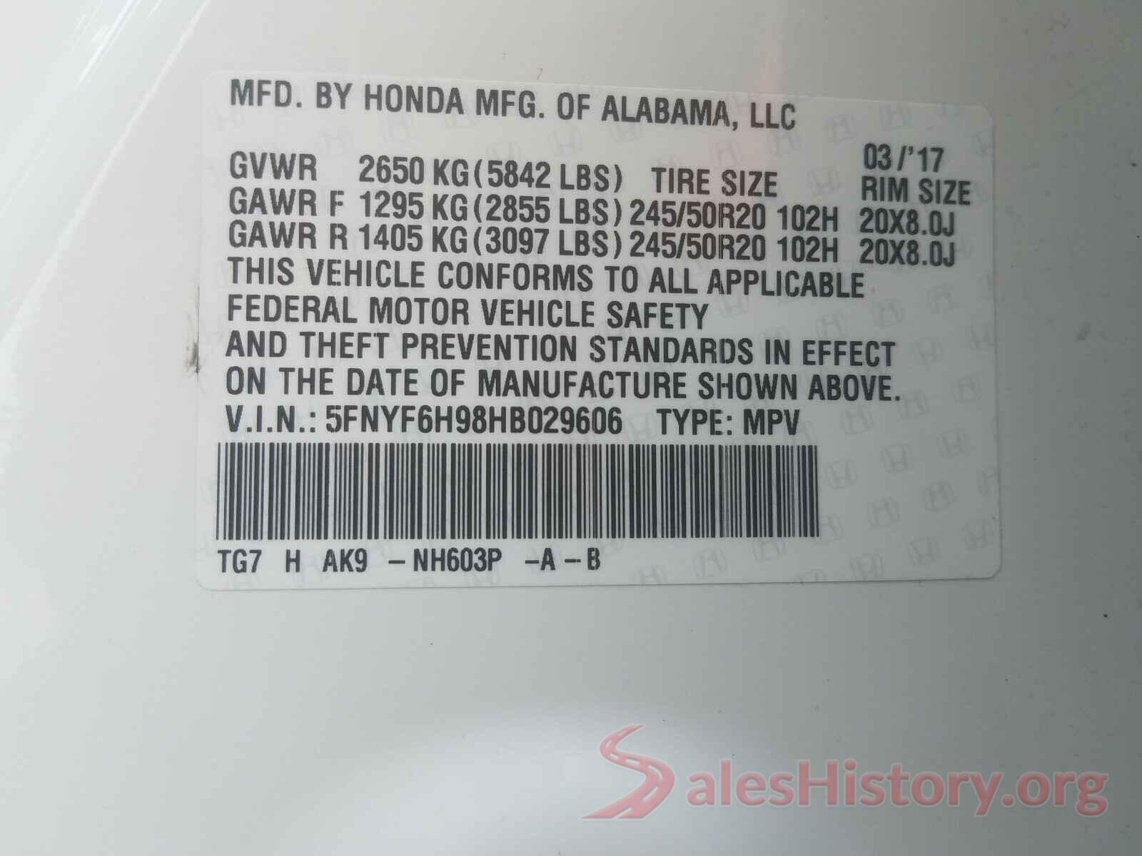 5FNYF6H98HB029606 2017 HONDA PILOT