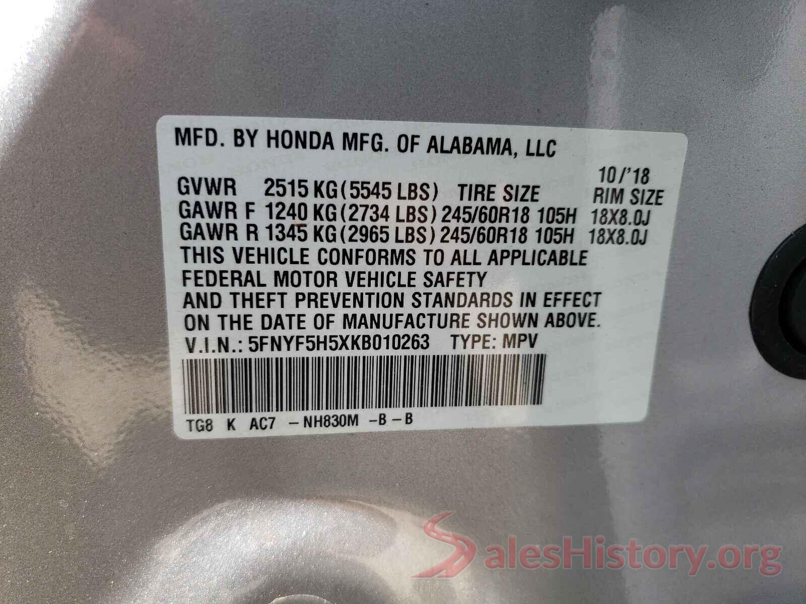 5FNYF5H5XKB010263 2019 HONDA PILOT