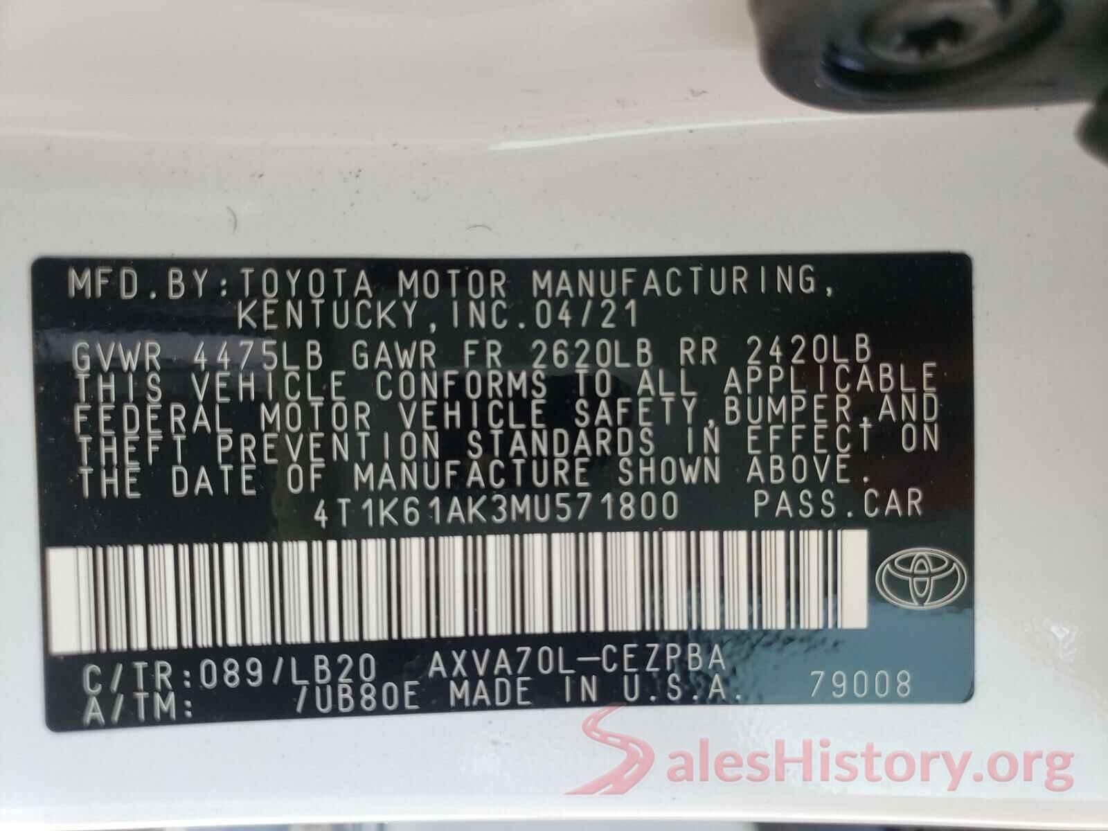 4T1K61AK3MU571800 2021 TOYOTA CAMRY