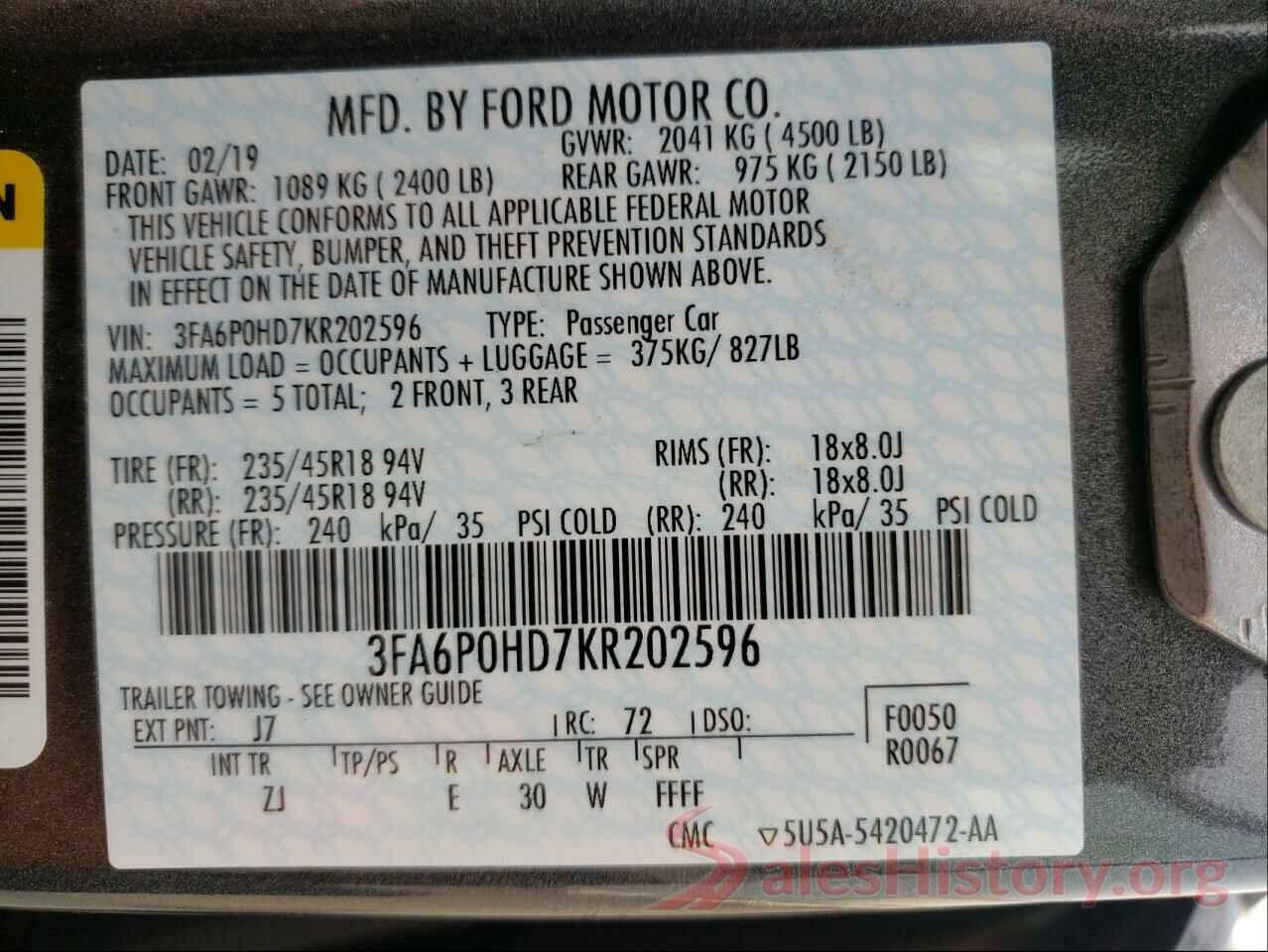 3FA6P0HD7KR202596 2019 FORD FUSION