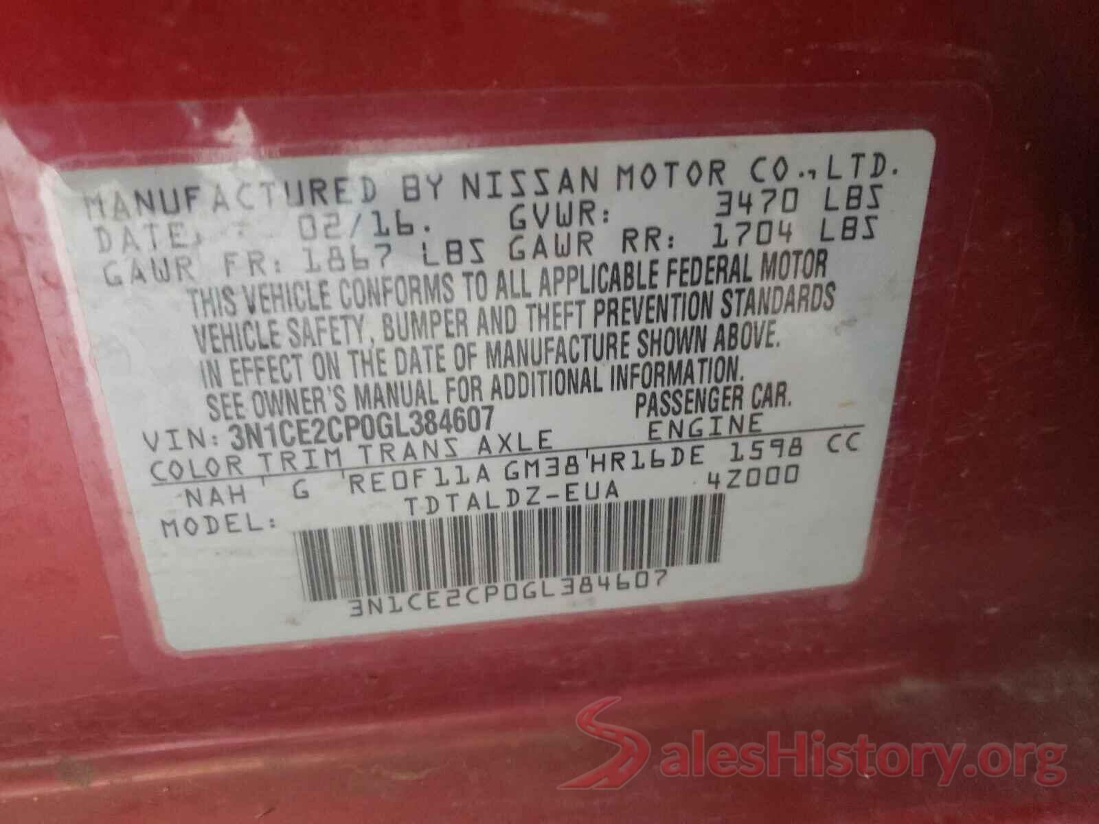 3N1CE2CP0GL384607 2016 NISSAN VERSA