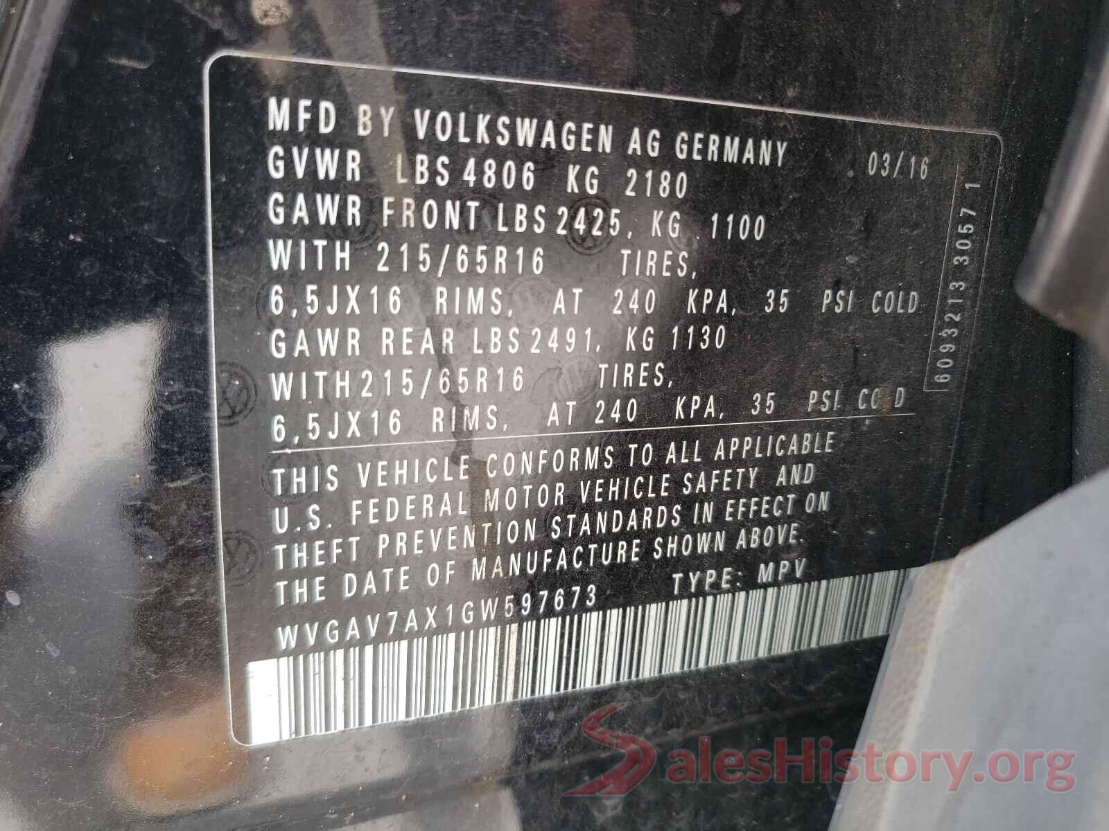 WVGAV7AX1GW597673 2016 VOLKSWAGEN TIGUAN