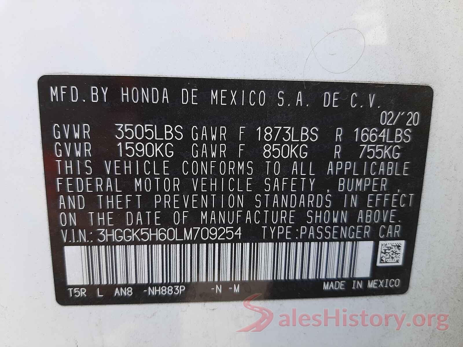 3HGGK5H60LM709254 2020 HONDA FIT