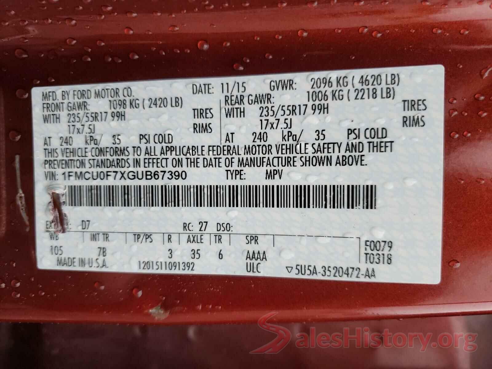 1FMCU0F7XGUB67390 2016 FORD ESCAPE