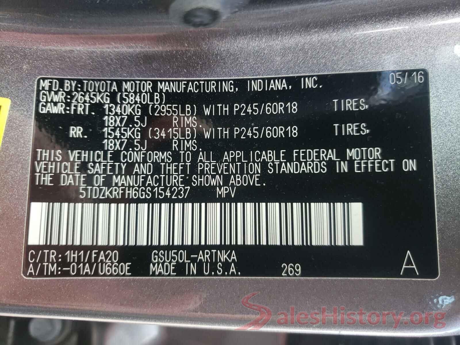 5TDZKRFH6GS154237 2016 TOYOTA HIGHLANDER