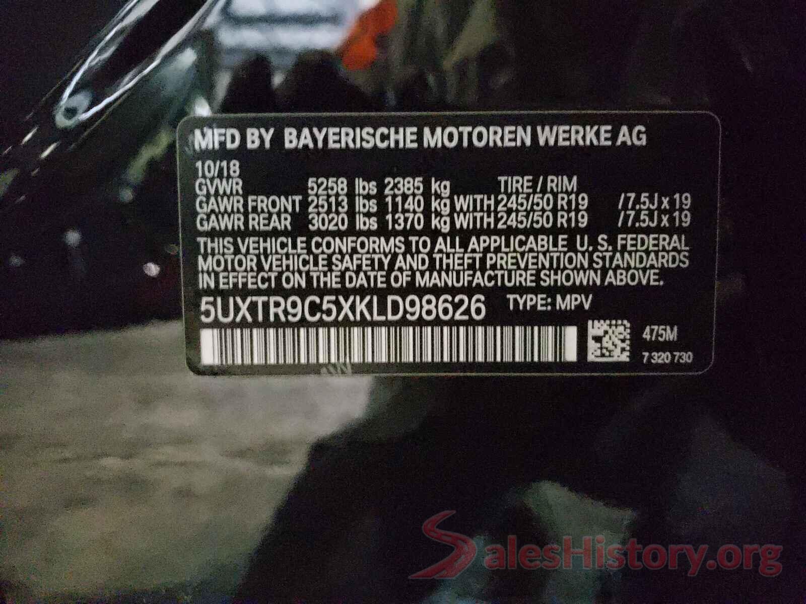 5UXTR9C5XKLD98626 2019 BMW X3