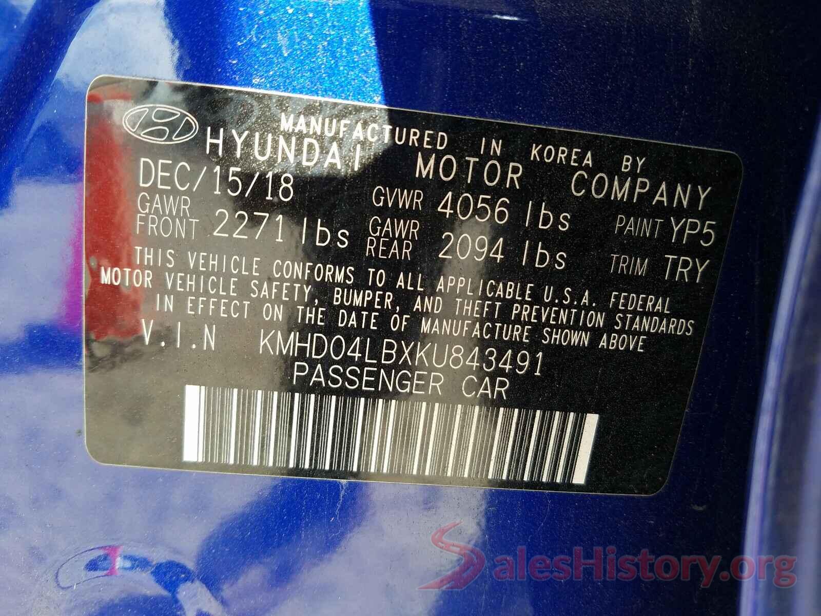 KMHD04LBXKU843491 2019 HYUNDAI ELANTRA