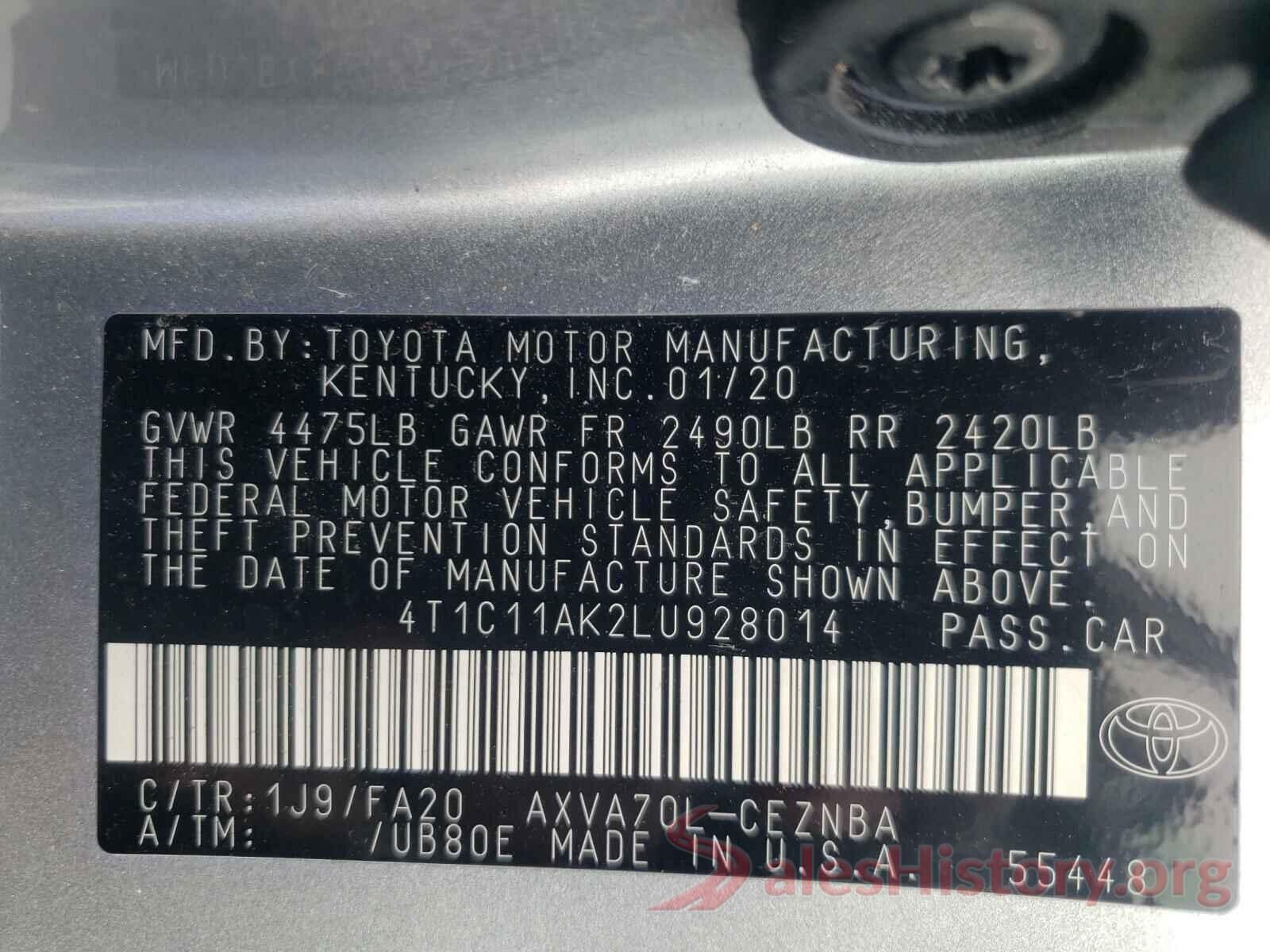 4T1C11AK2LU928014 2020 TOYOTA CAMRY