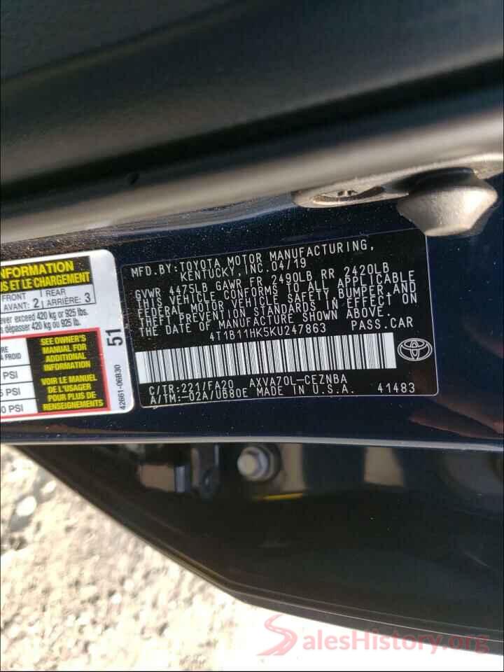 4T1B11HK5KU247863 2019 TOYOTA CAMRY