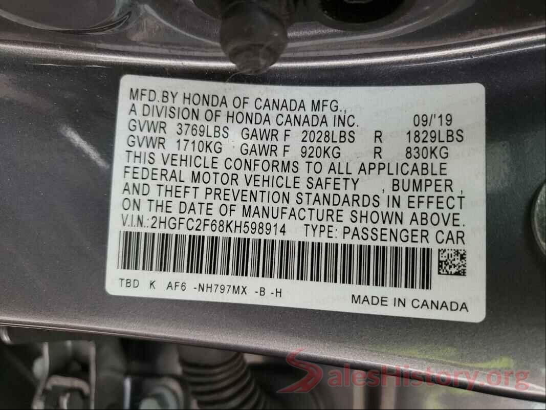 2HGFC2F68KH598914 2019 HONDA CIVIC