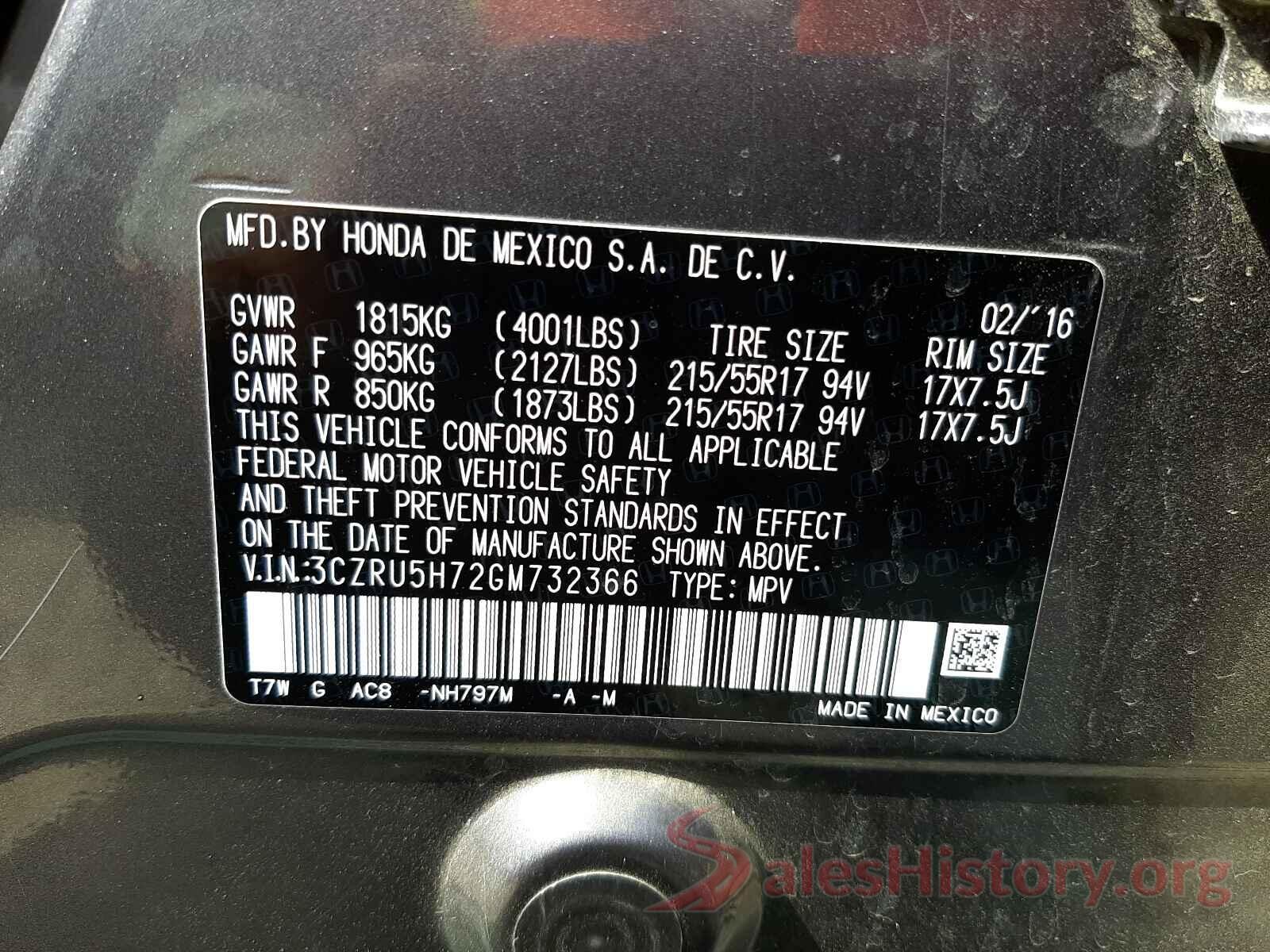 3CZRU5H72GM732366 2016 HONDA HR-V