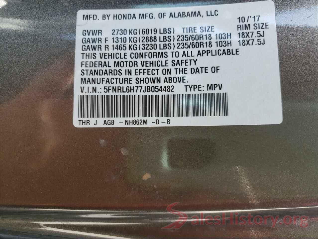 5FNRL6H77JB054482 2018 HONDA ODYSSEY