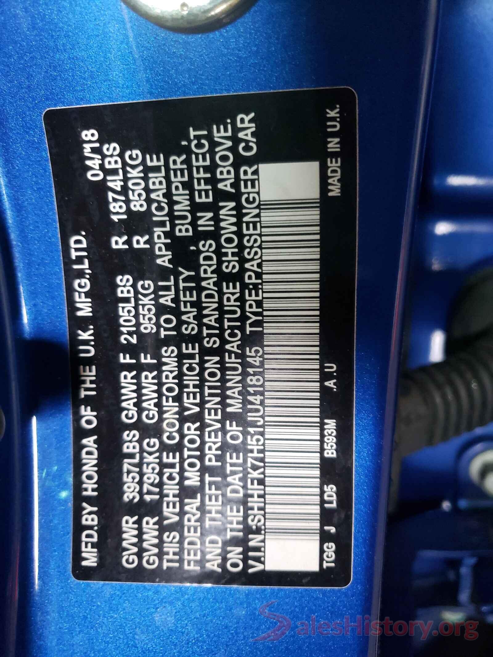 SHHFK7H51JU418145 2018 HONDA CIVIC