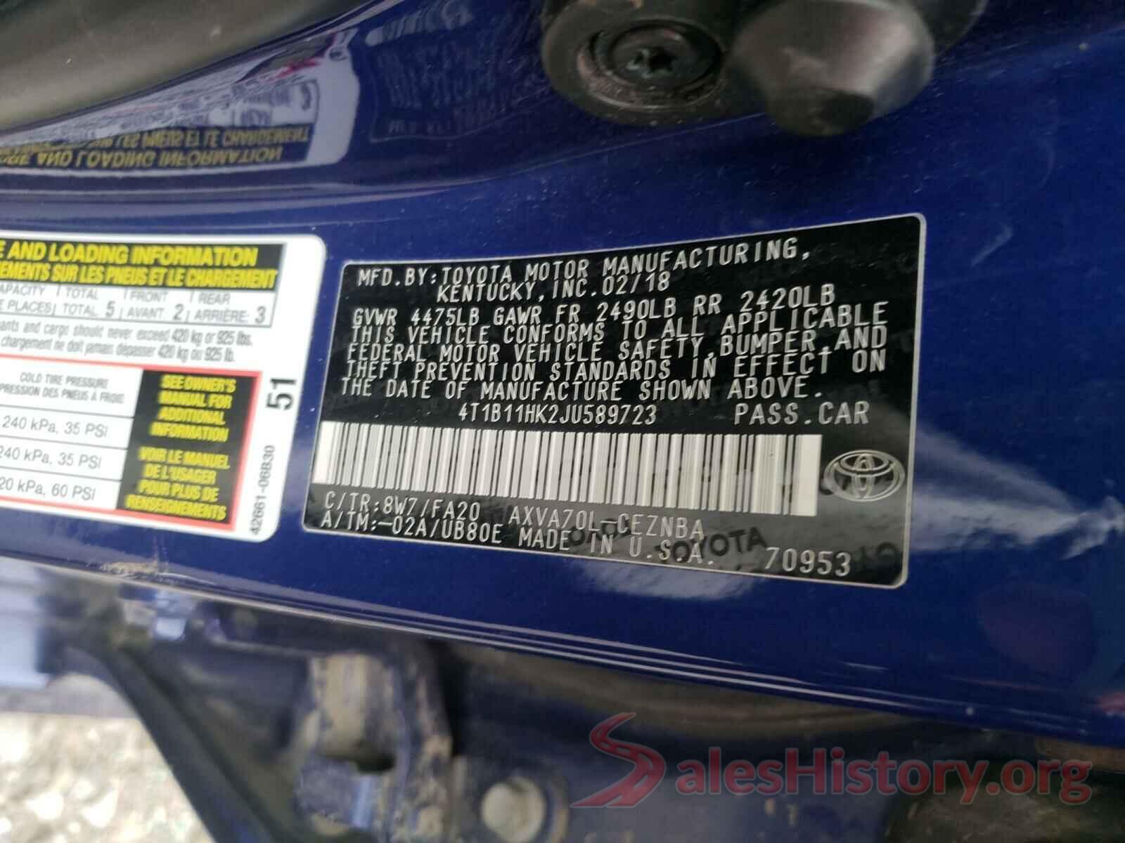 4T1B11HK2JU589723 2018 TOYOTA CAMRY