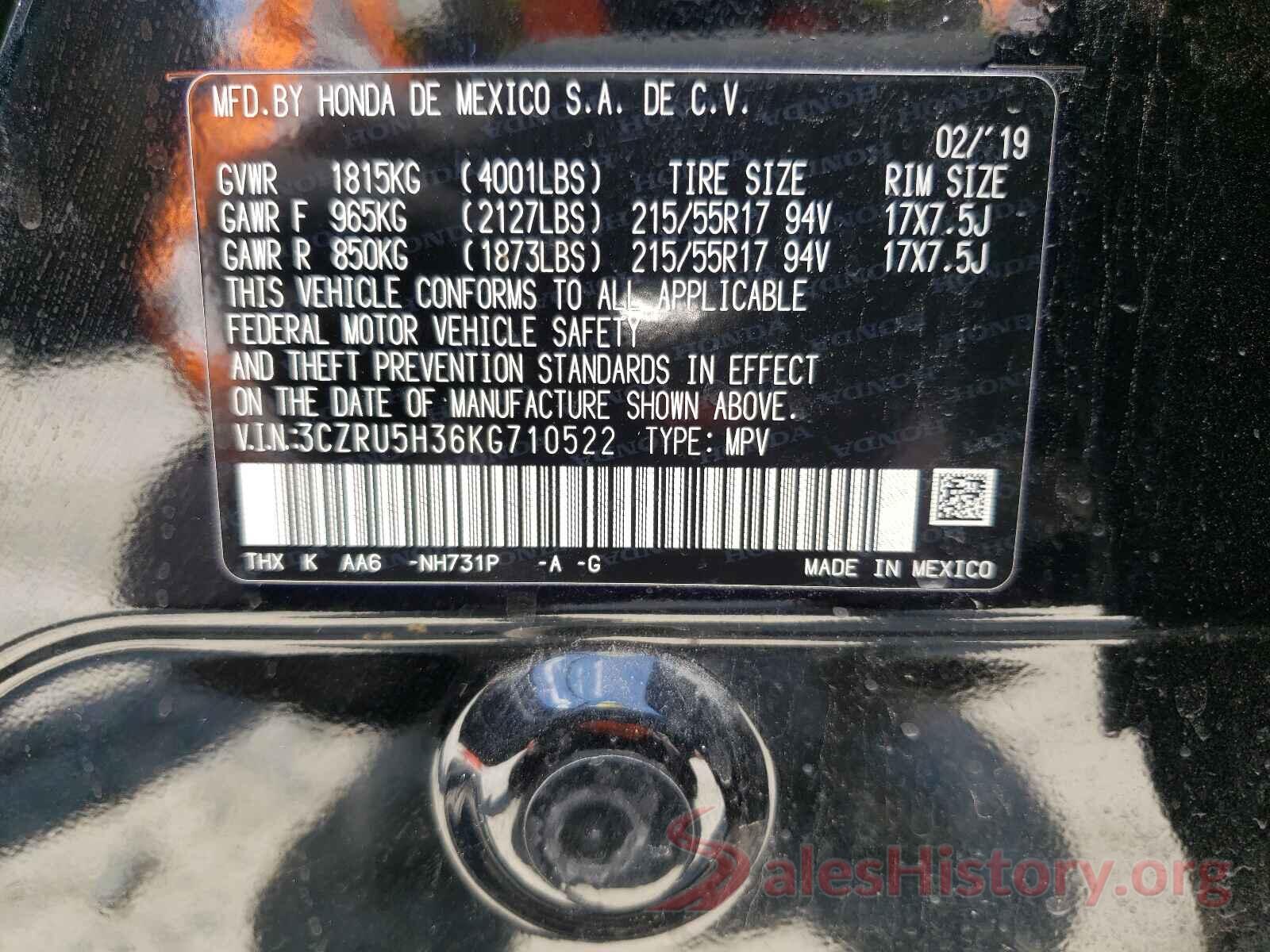 3CZRU5H36KG710522 2019 HONDA HR-V