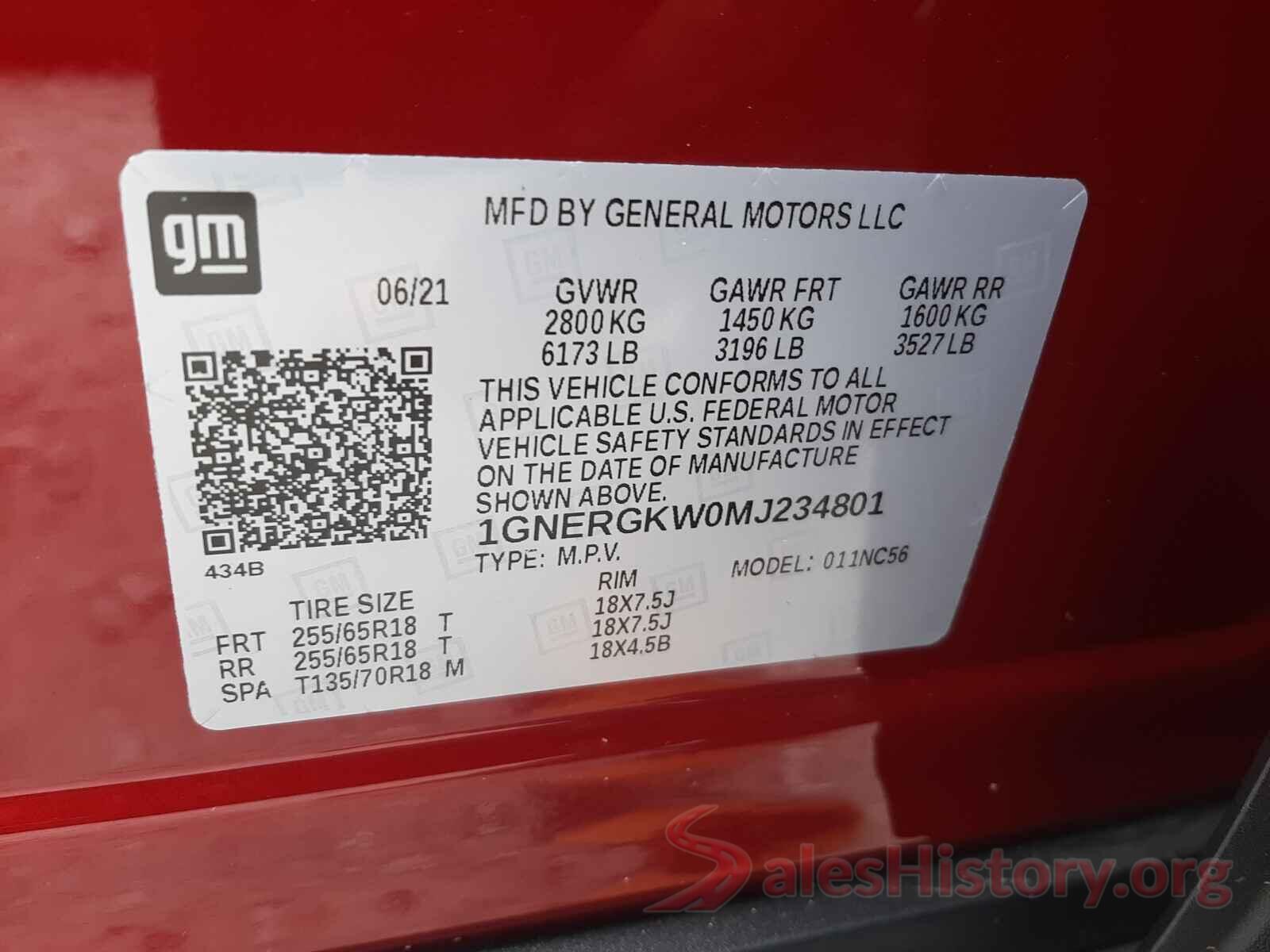 1GNERGKW0MJ234801 2021 CHEVROLET TRAVERSE