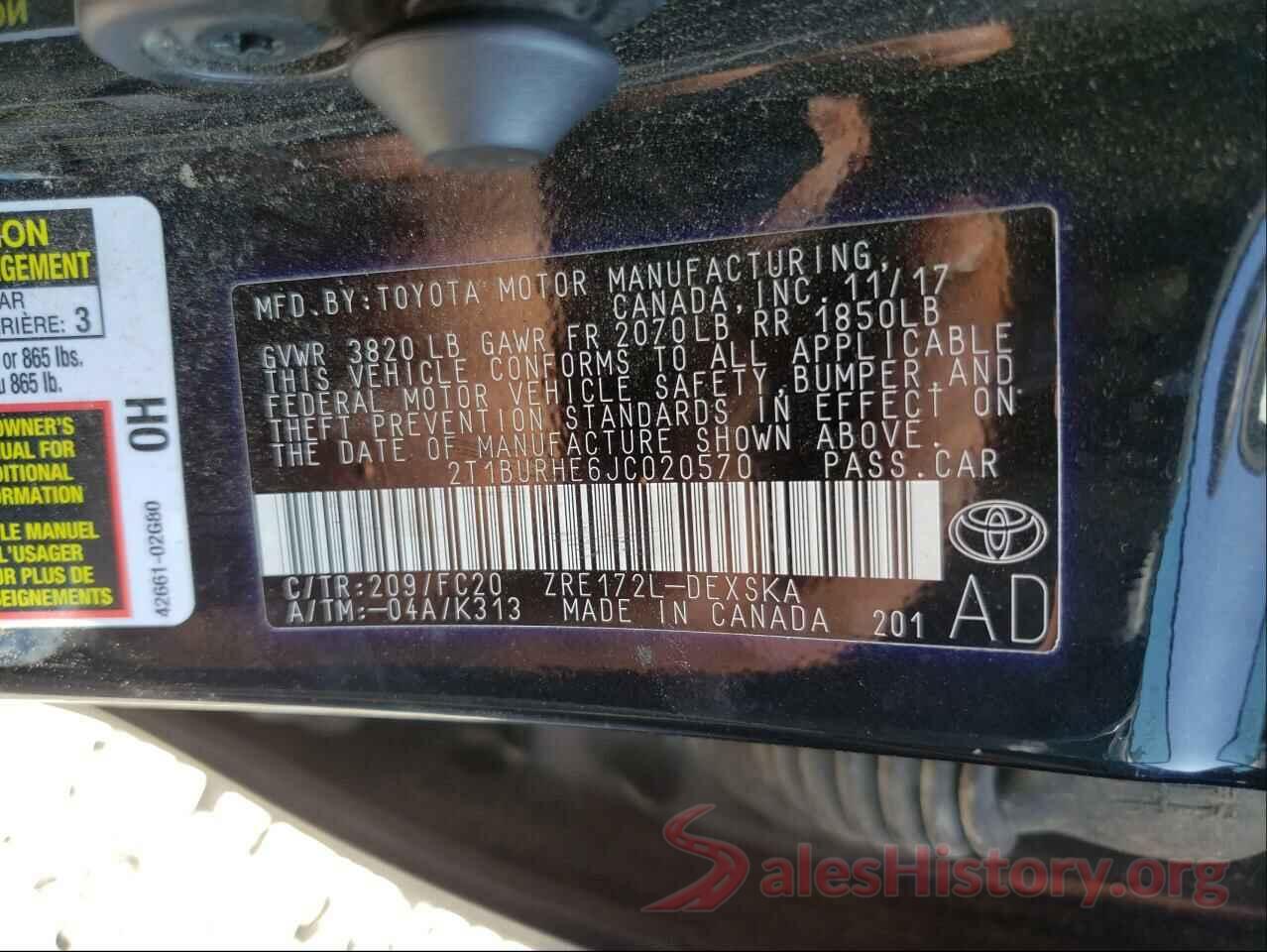 2T1BURHE6JC020570 2018 TOYOTA COROLLA