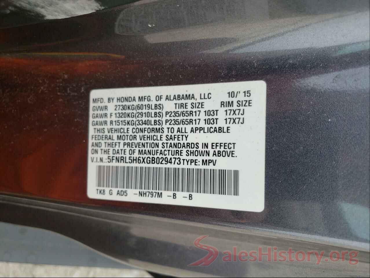 5FNRL5H6XGB029473 2016 HONDA ODYSSEY