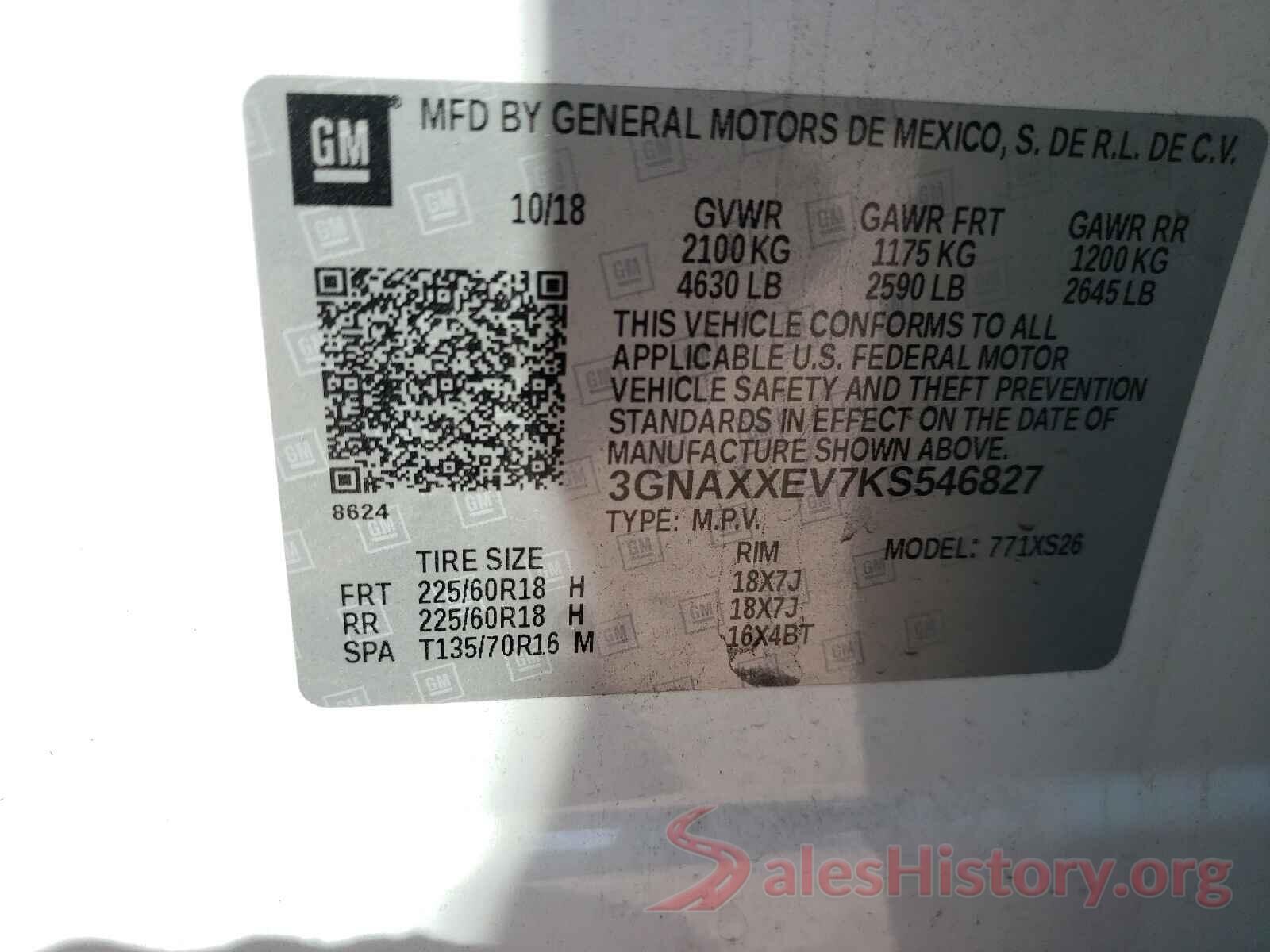 3GNAXXEV7KS546827 2019 CHEVROLET EQUINOX