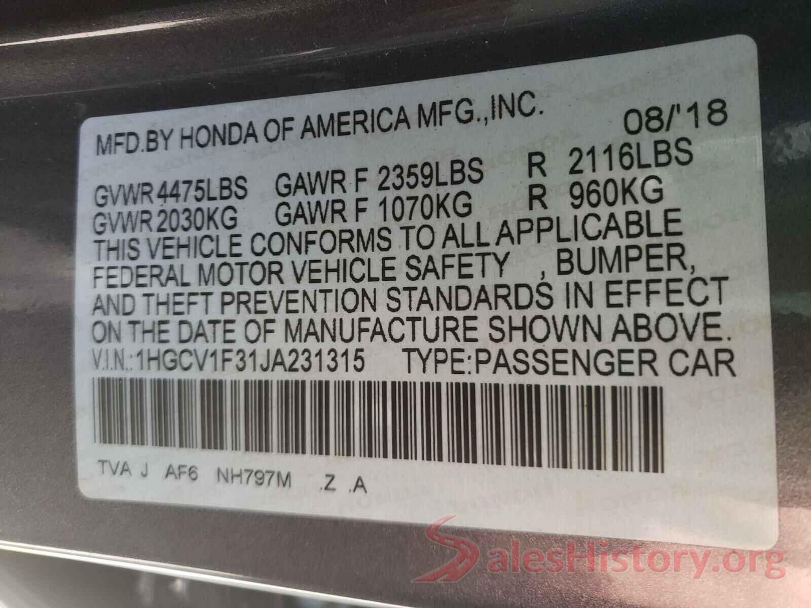 1HGCV1F31JA231315 2018 HONDA ACCORD