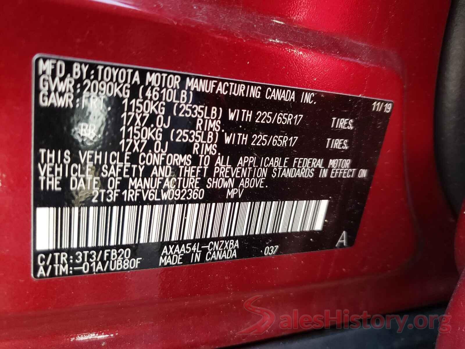 2T3F1RFV6LW092360 2020 TOYOTA RAV4