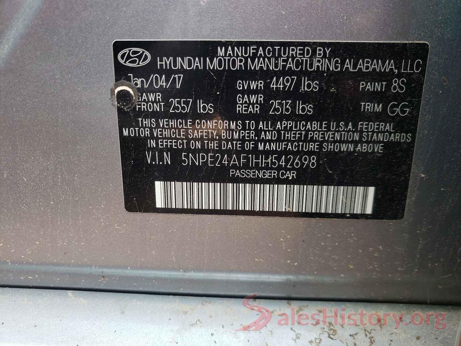 5NPE24AF1HH542698 2017 HYUNDAI SONATA