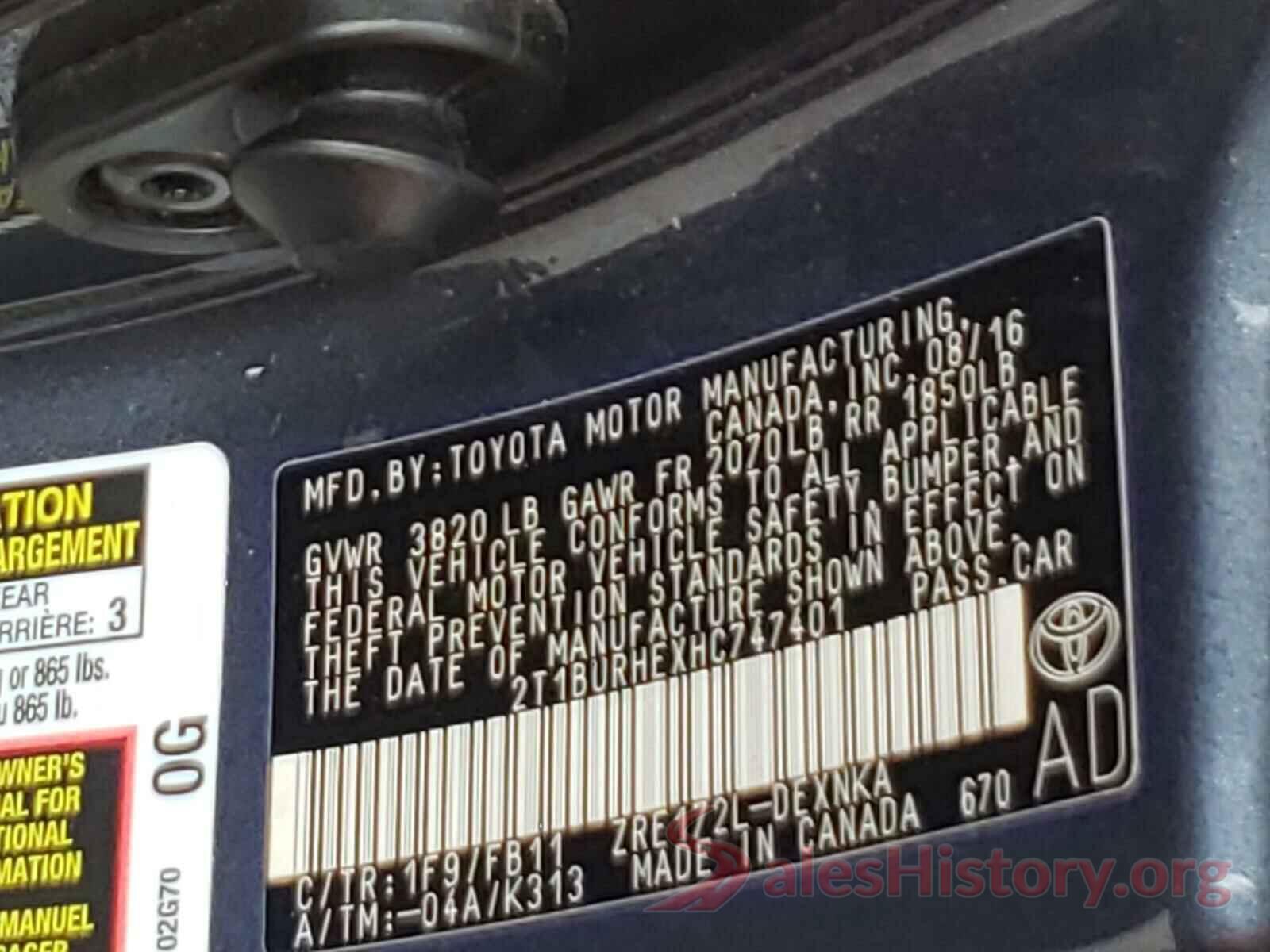 2T1BURHEXHC747401 2017 TOYOTA COROLLA