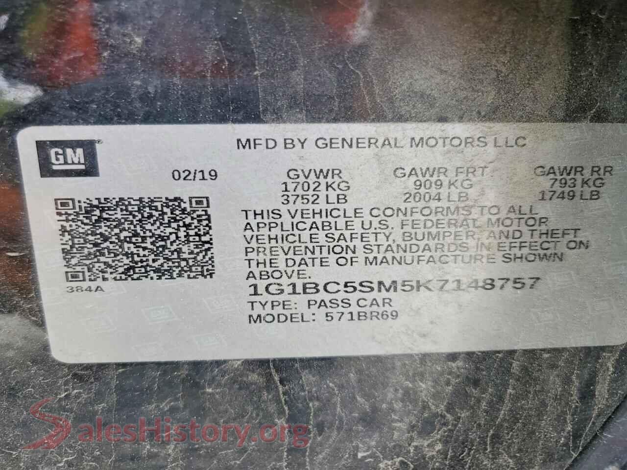 2019 CHEVROLET CRUZE VIN 1G1BC5SM5K7148757, trunk area