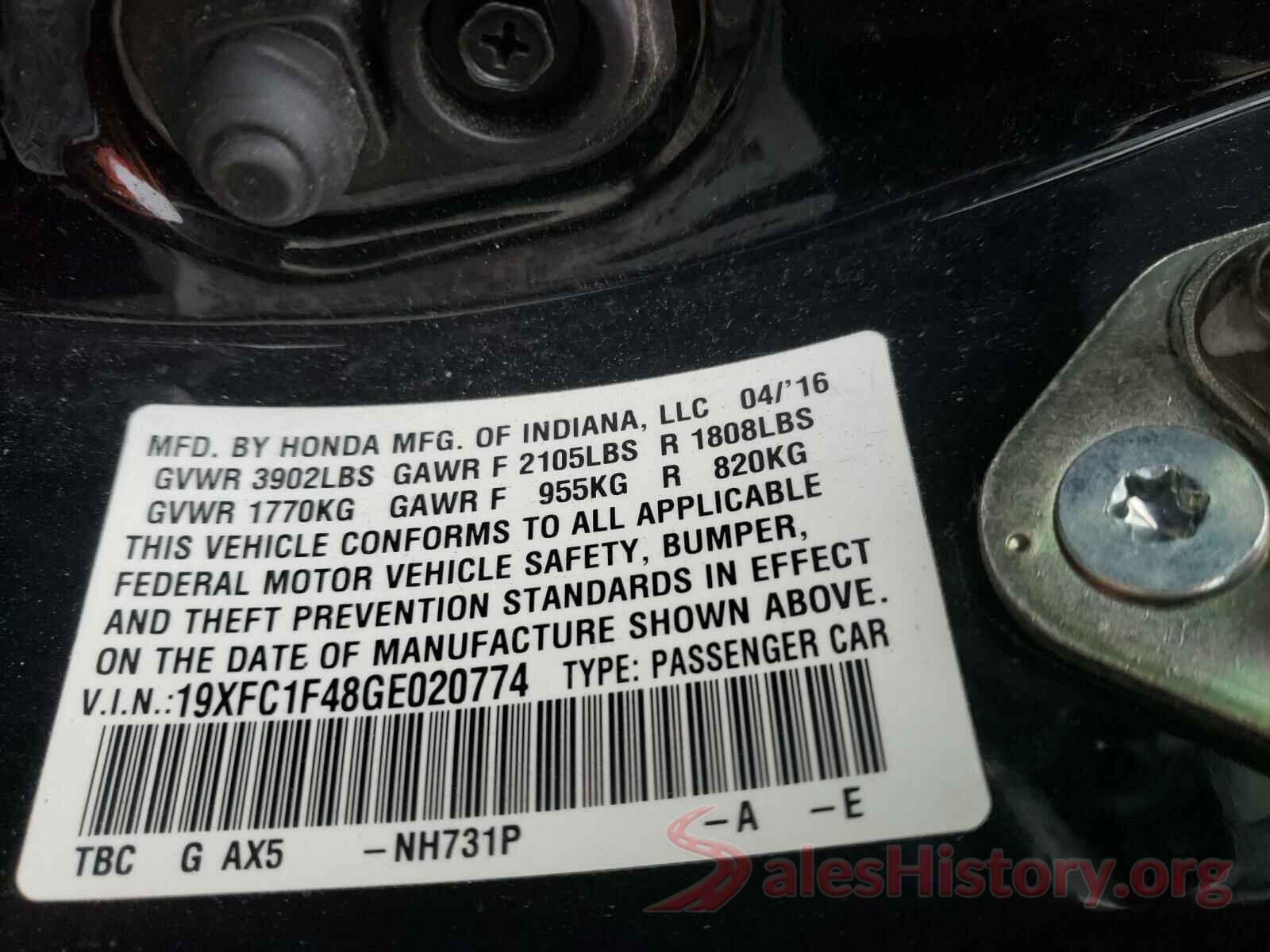 19XFC1F48GE020774 2016 HONDA CIVIC