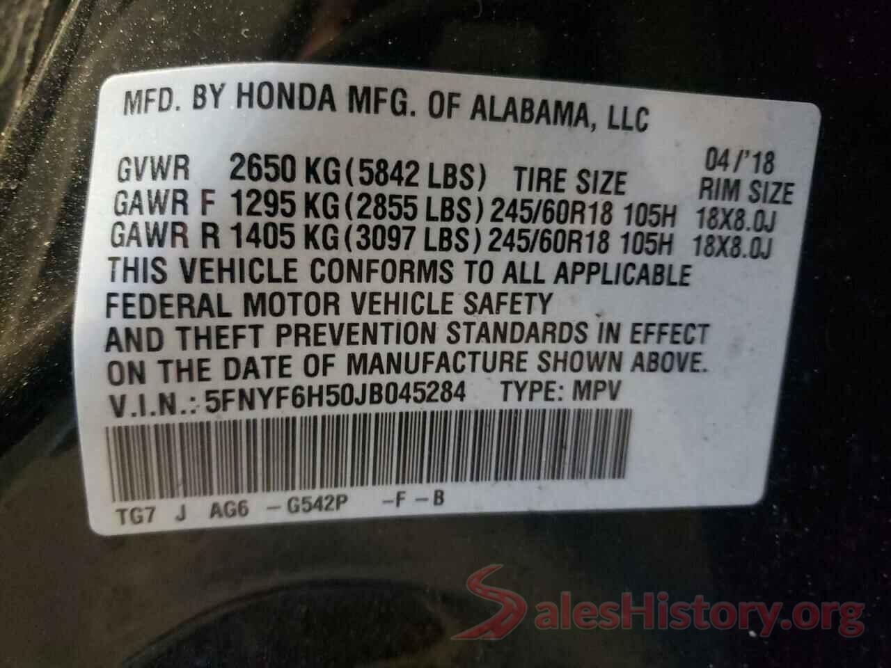 5FNYF6H50JB045284 2018 HONDA PILOT