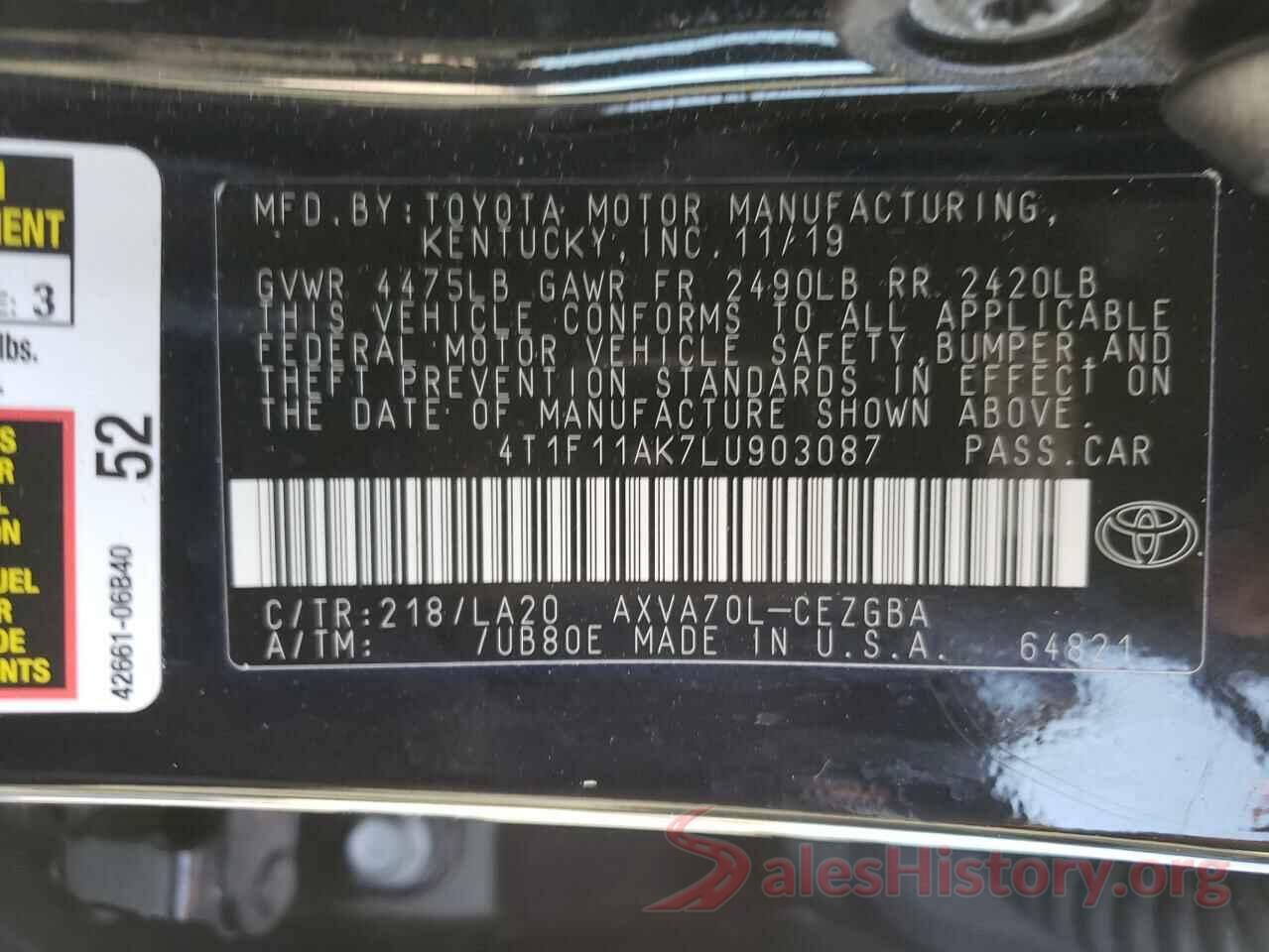 4T1F11AK7LU903087 2020 TOYOTA CAMRY