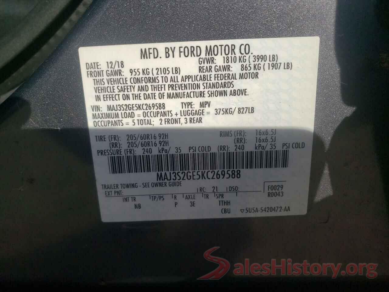 MAJ3S2GE5KC269588 2019 FORD ECOSPORT