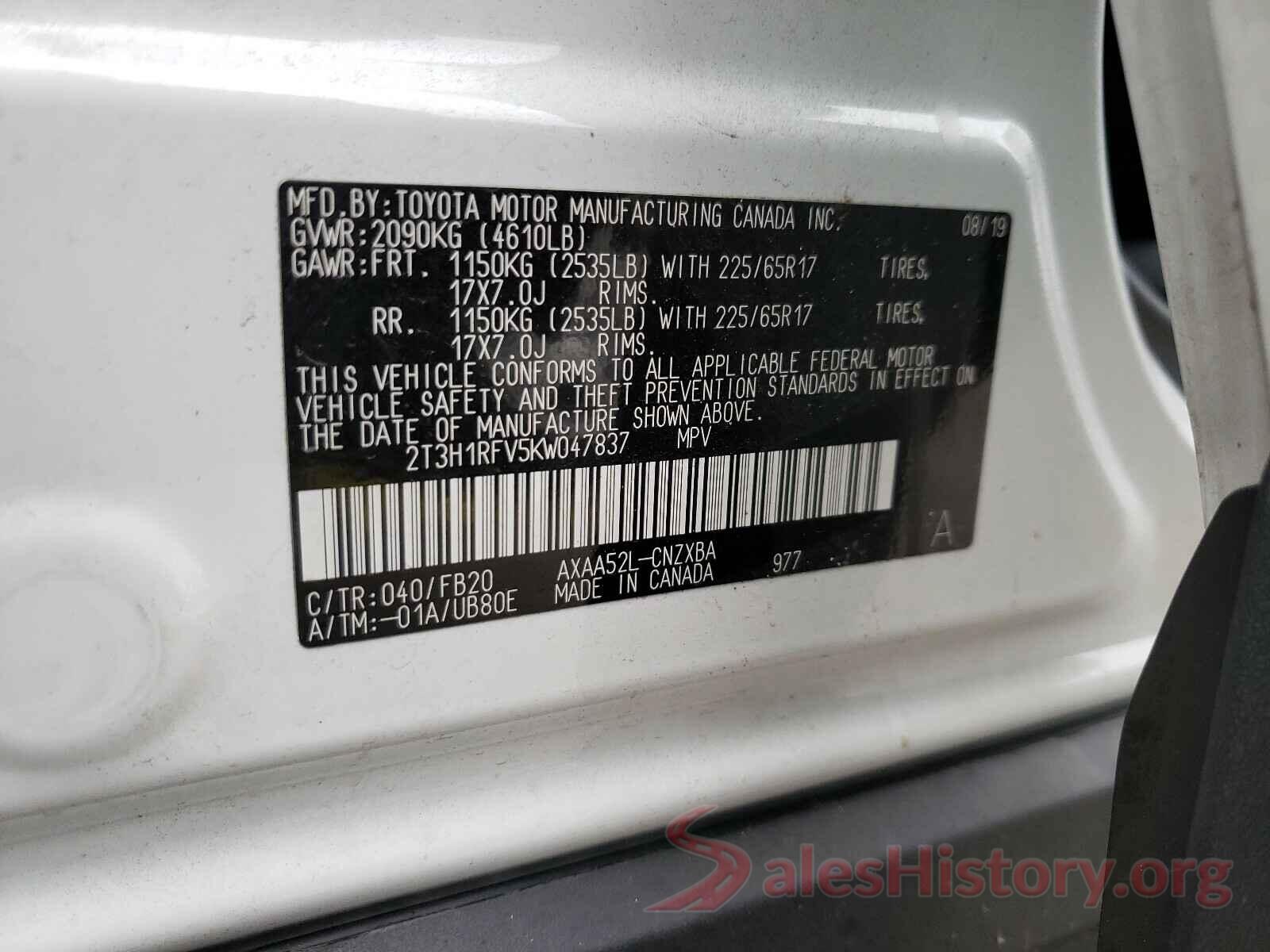 2T3H1RFV5KW047837 2019 TOYOTA RAV4