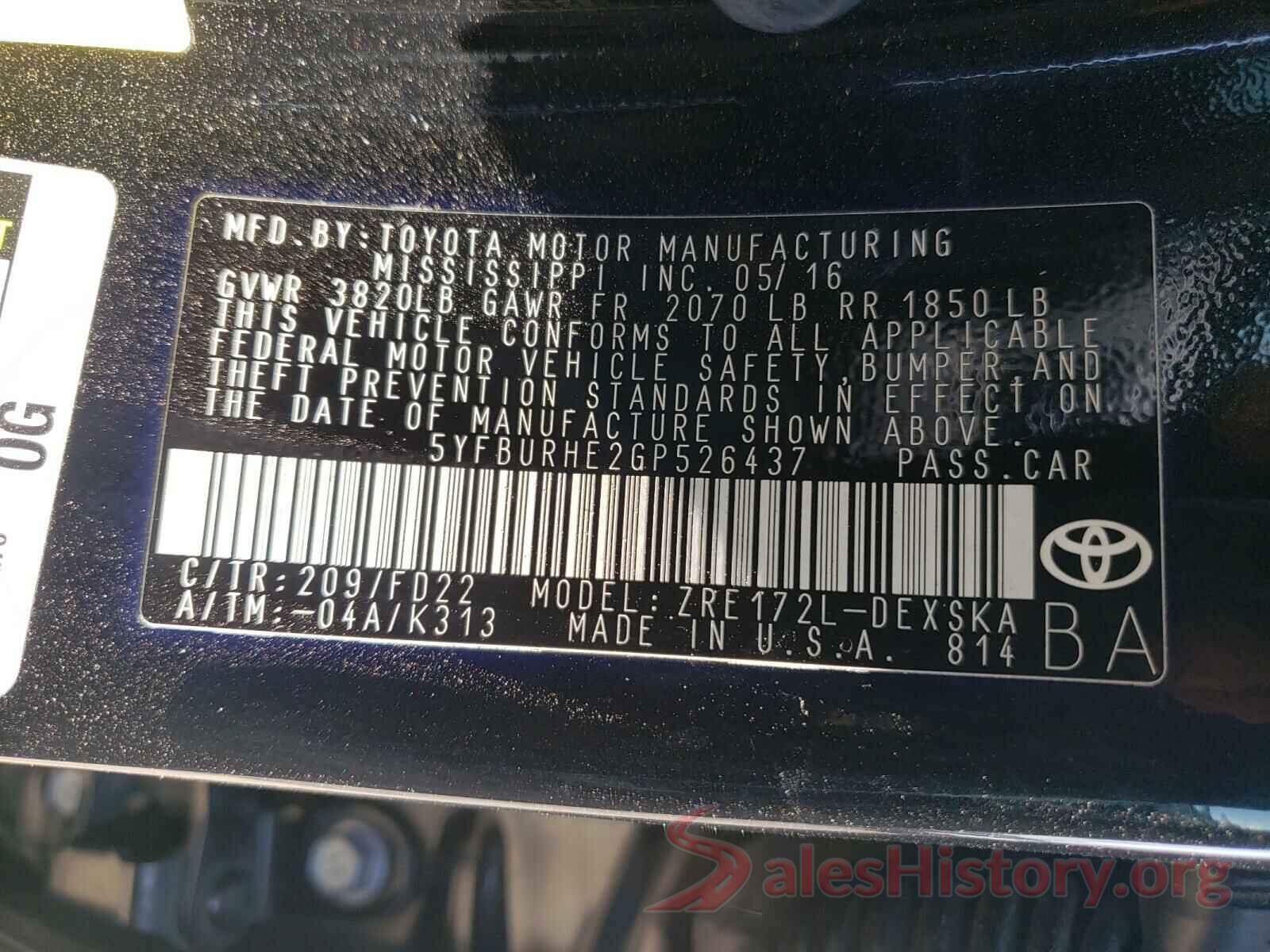 5YFBURHE2GP526437 2016 TOYOTA COROLLA