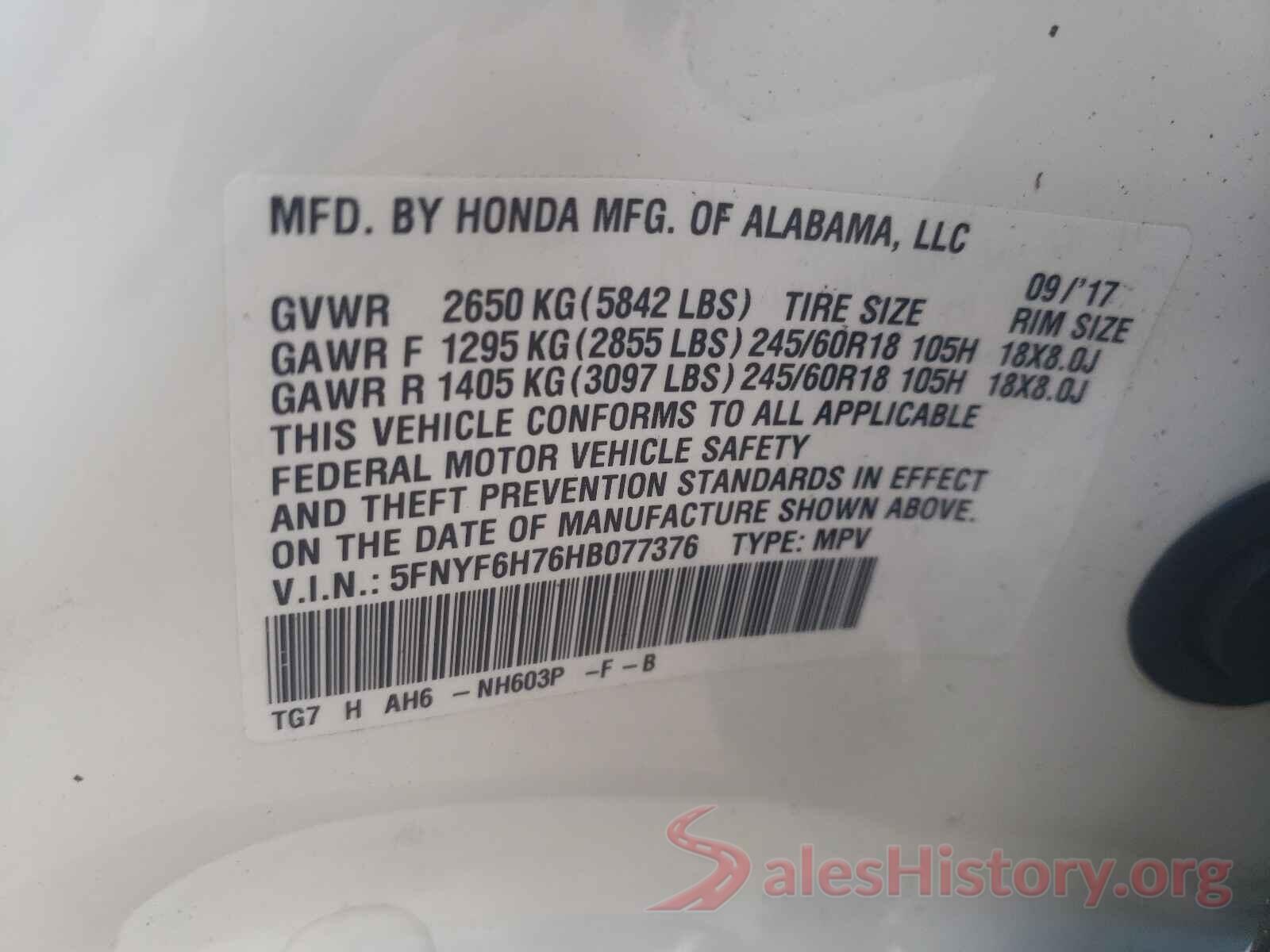 5FNYF6H76HB077376 2017 HONDA PILOT