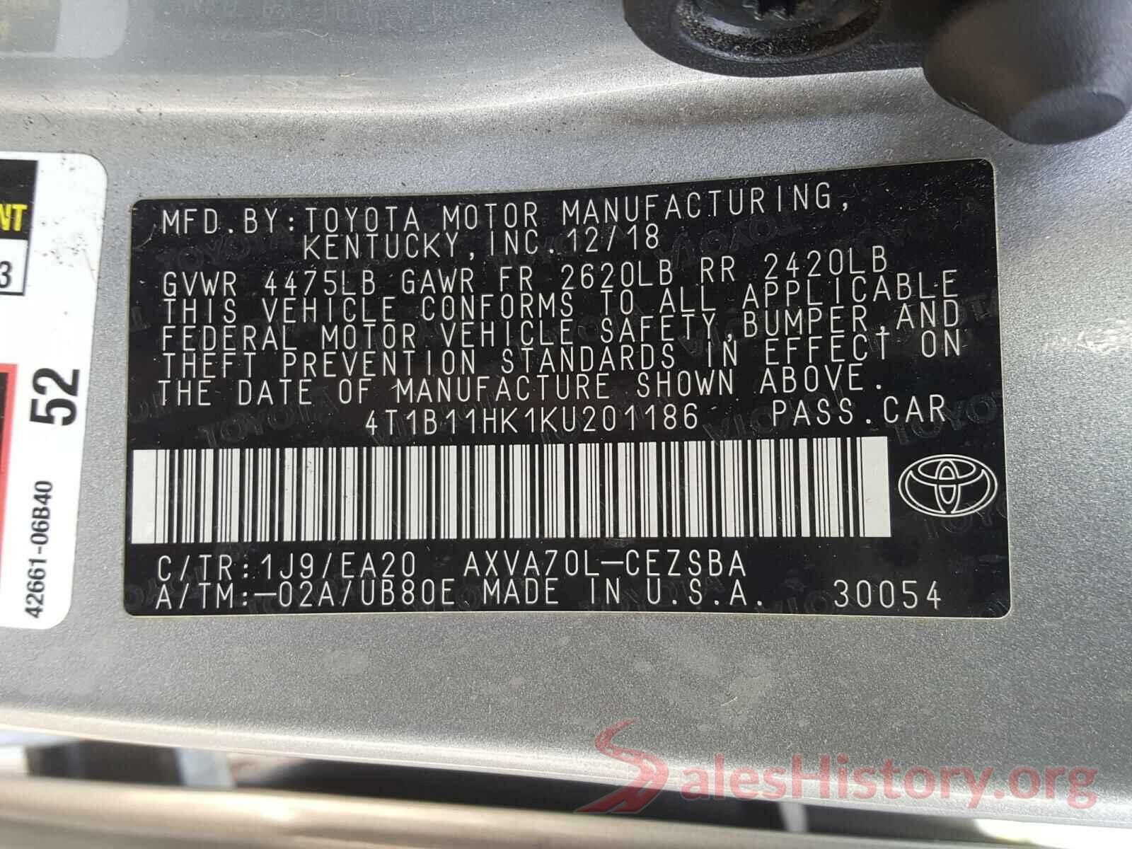 4T1B11HK1KU201186 2019 TOYOTA CAMRY