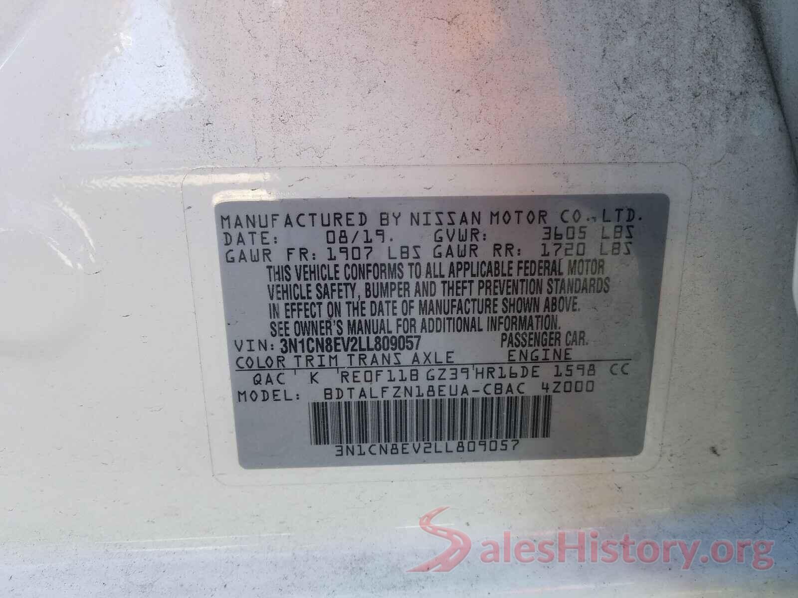 3N1CN8EV2LL809057 2020 NISSAN VERSA