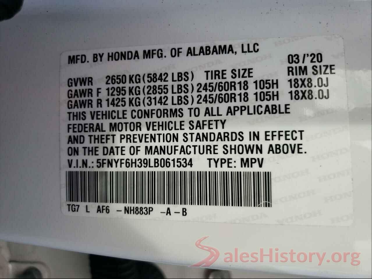 5FNYF6H39LB061534 2020 HONDA PILOT